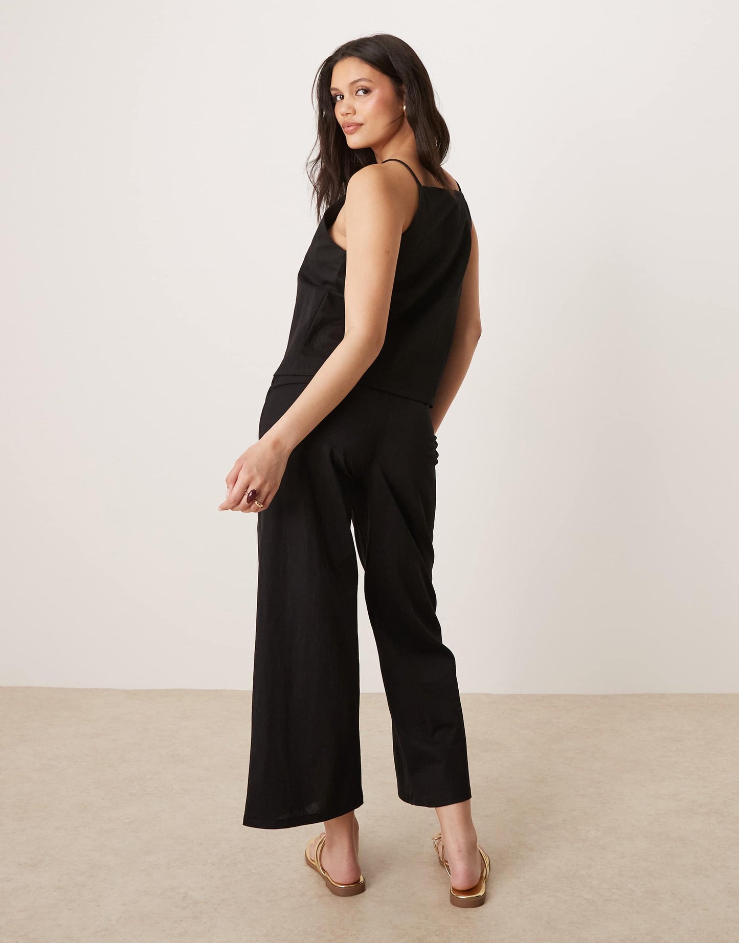 Mango linen mix elasticated waist wide leg trouser co-ord in black