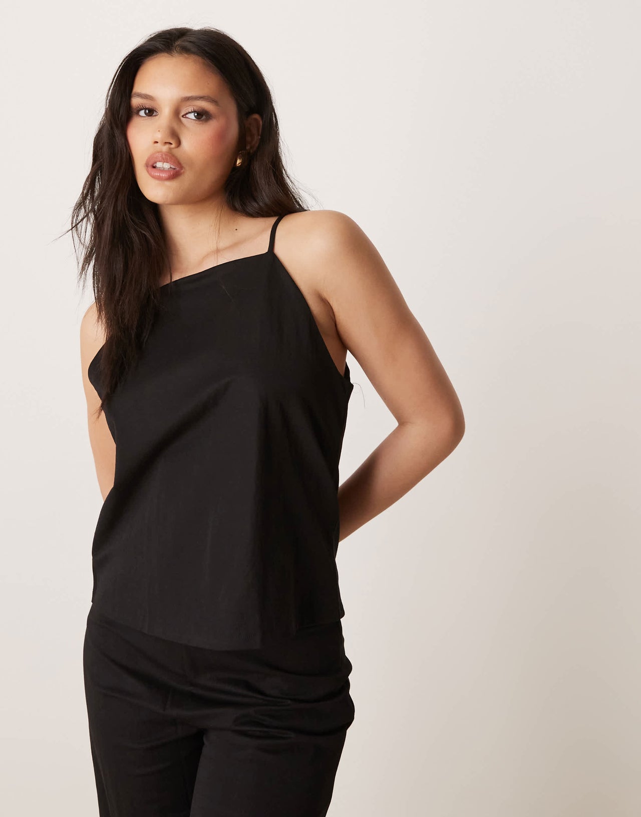 Mango linen mix square neck cami top co-ord in black