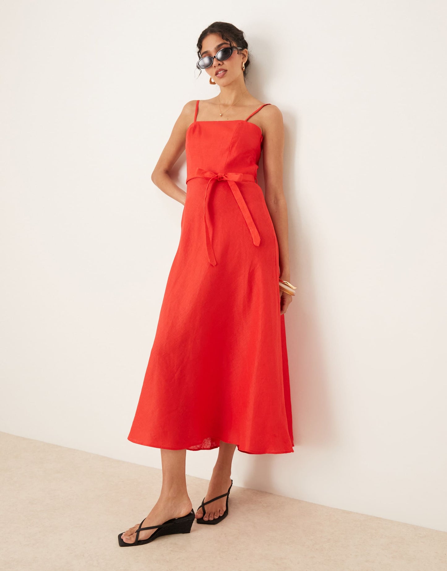 Mango 100% linen square neck midi dress with belt detail in red