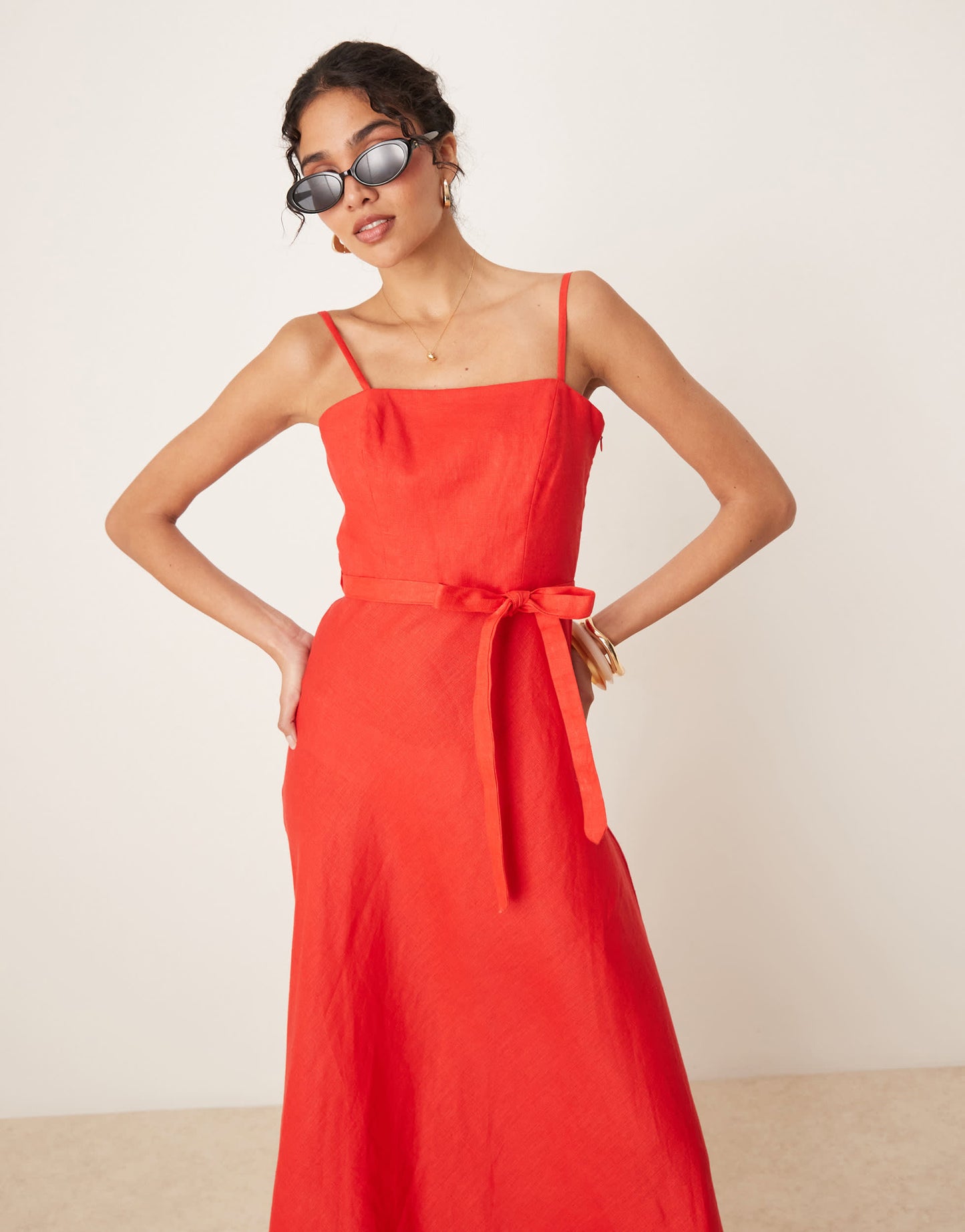 Mango 100% linen square neck midi dress with belt detail in red