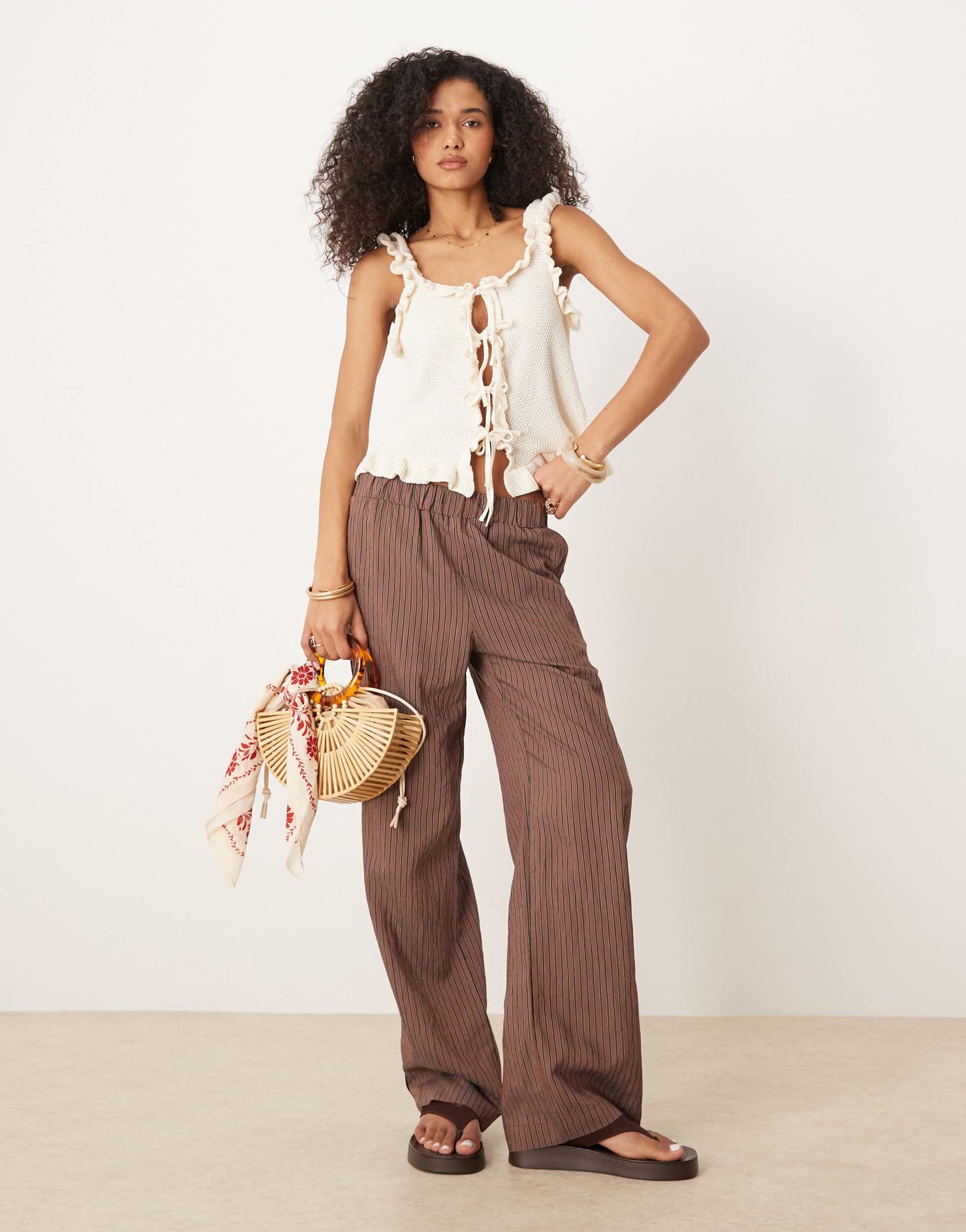 ASOS DESIGN knitted tie front top in ecru