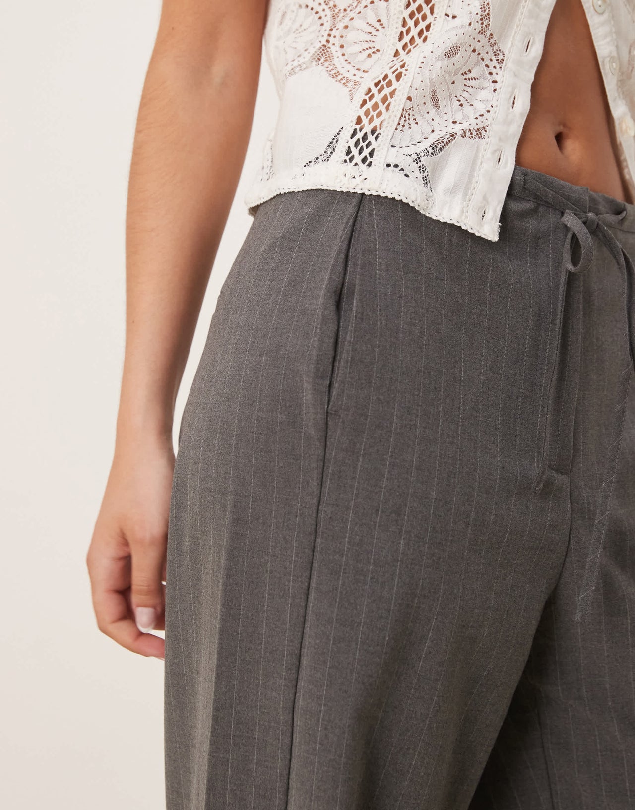 Mango straight leg pinstripe trouser with draw string waist in grey