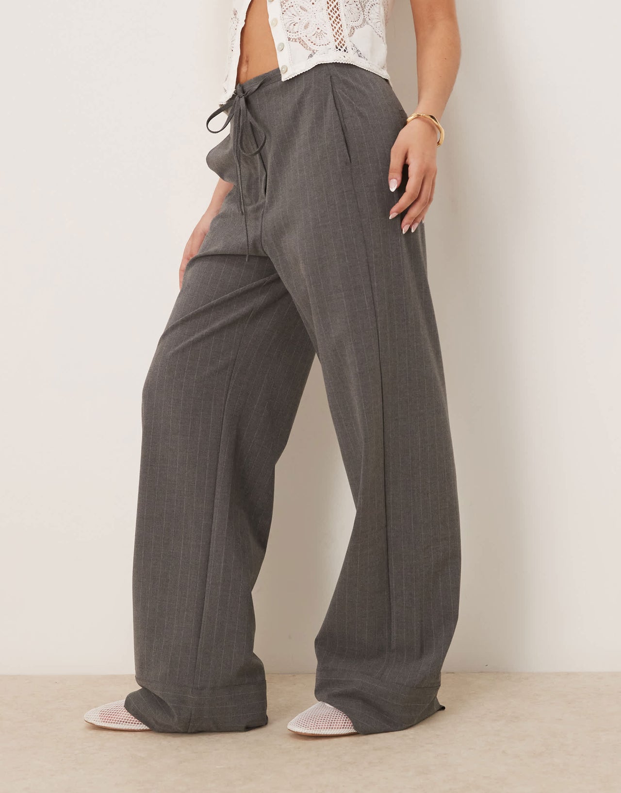Mango straight leg pinstripe trouser with draw string waist in grey