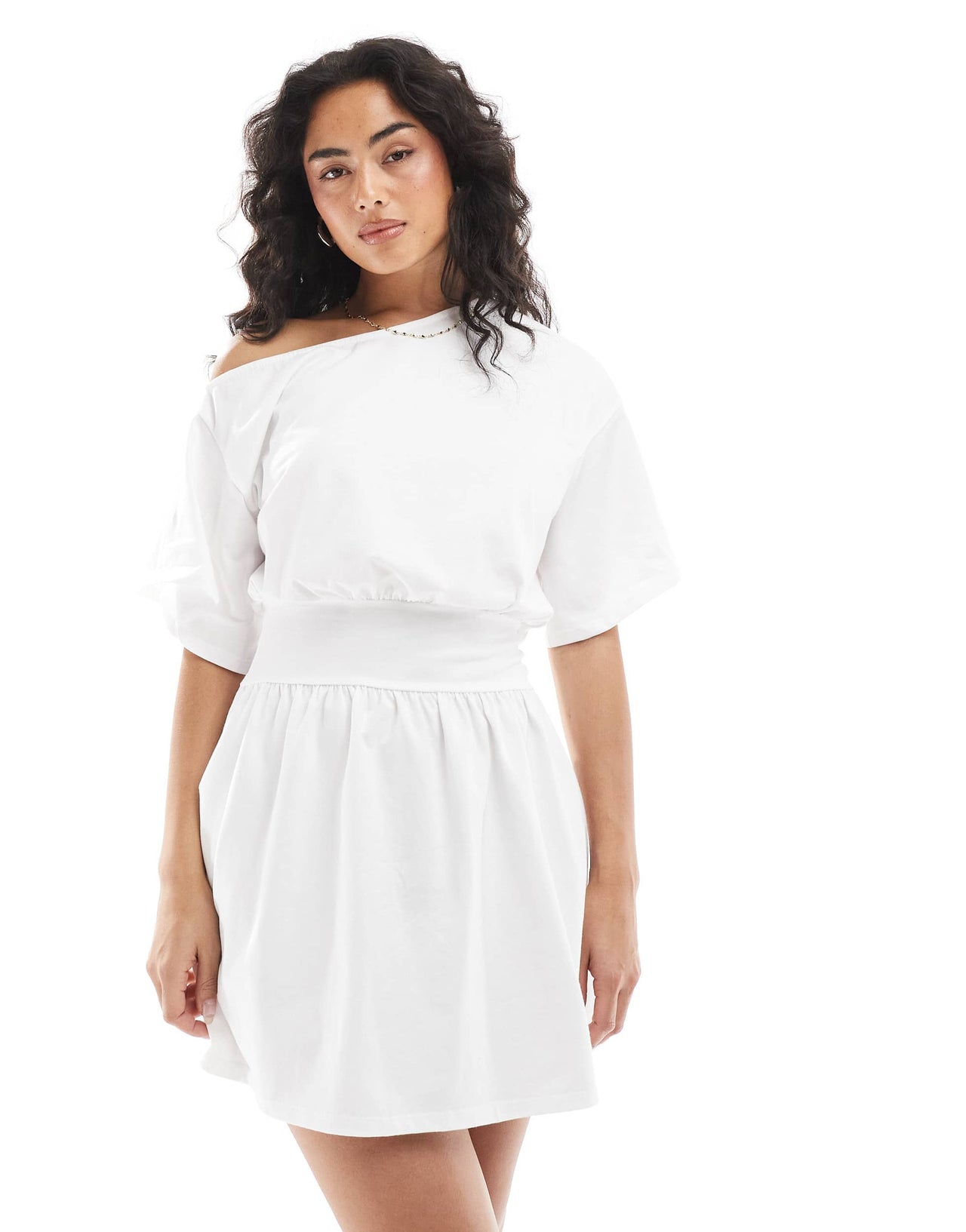 ASOS DESIGN slash neck flippy mini t-shirt dress in white