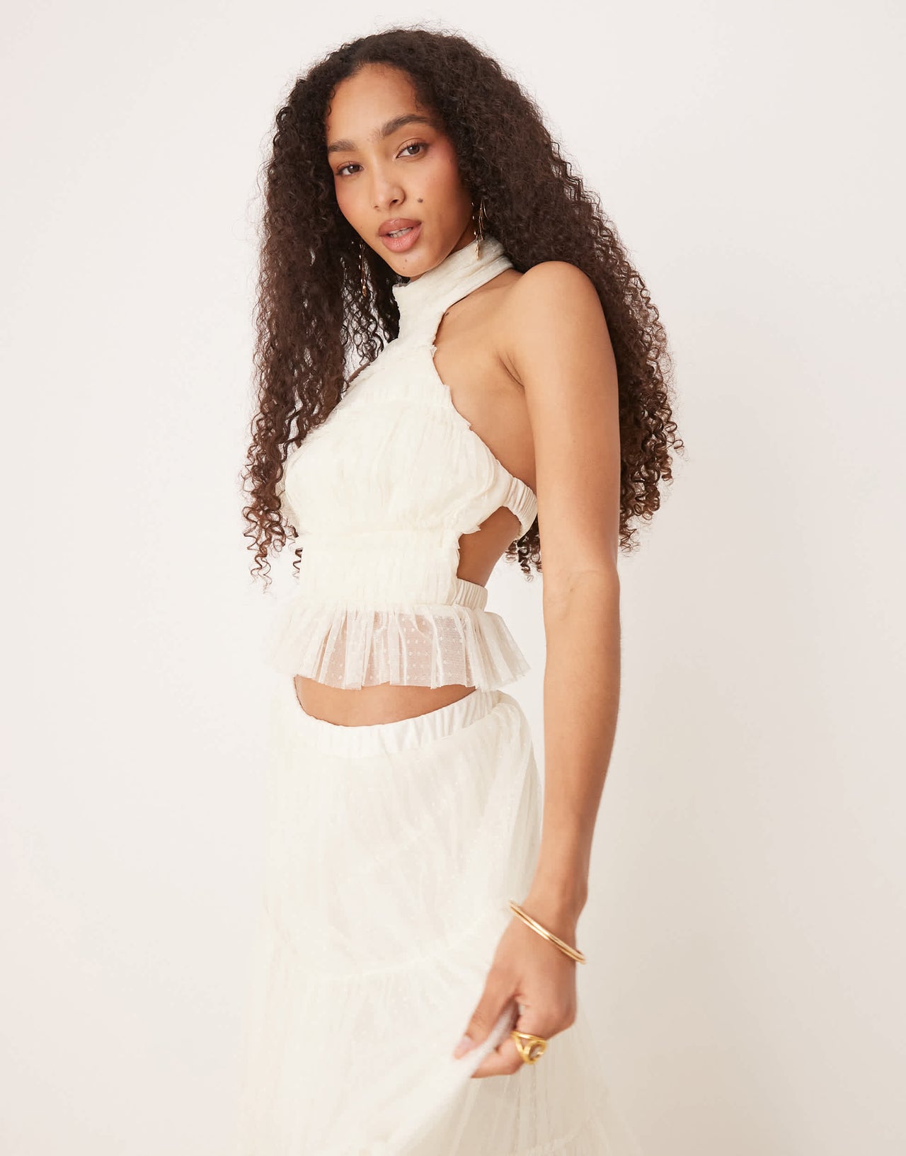 Lace & Beads shirred backless top co-ord in ivory