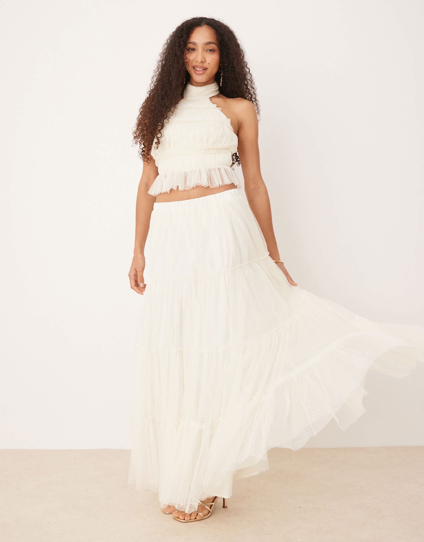 Lace & Beads shirred backless top co-ord in ivory