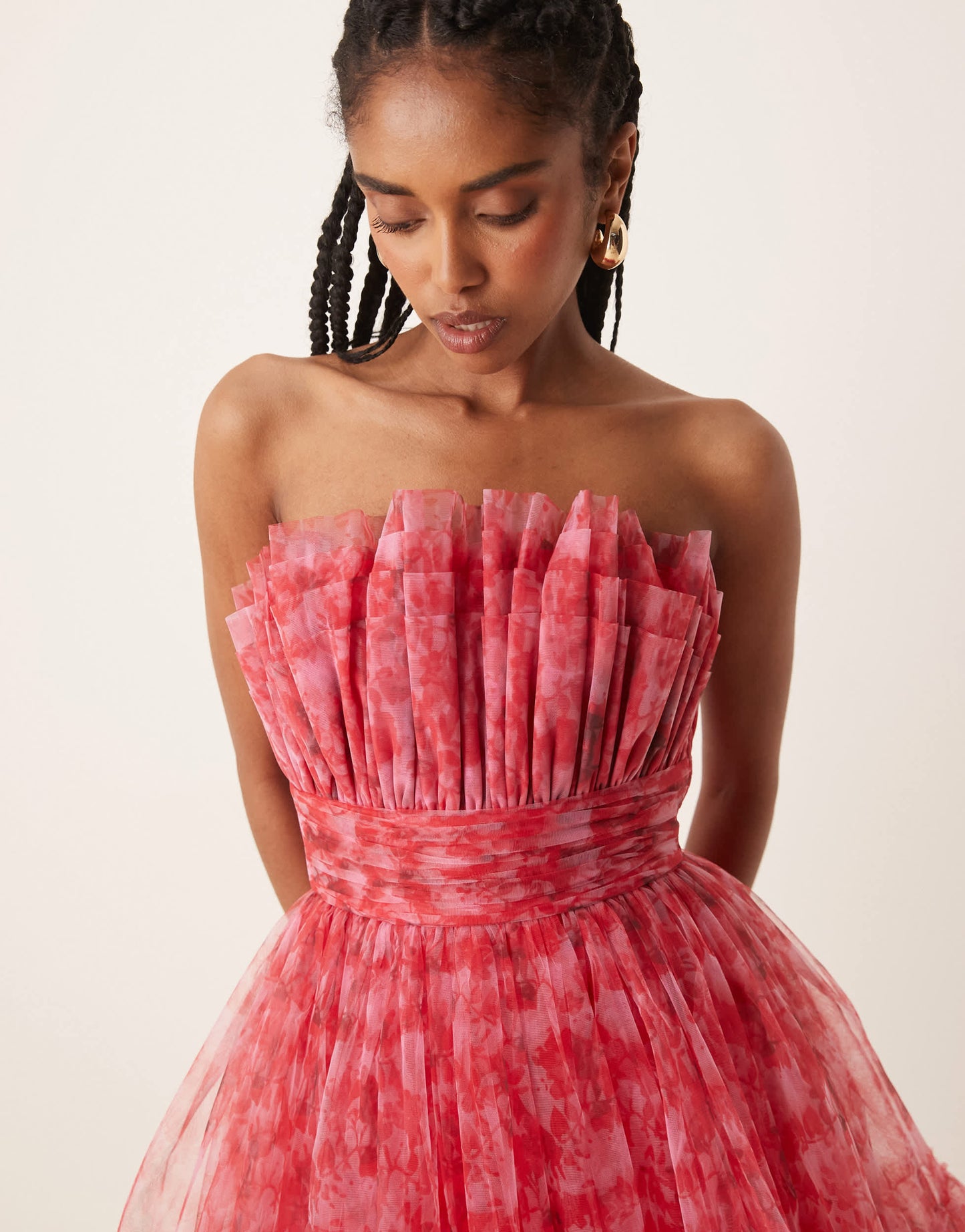 Lace & Beads bandeau structured tulle mini dress in red and pink floral