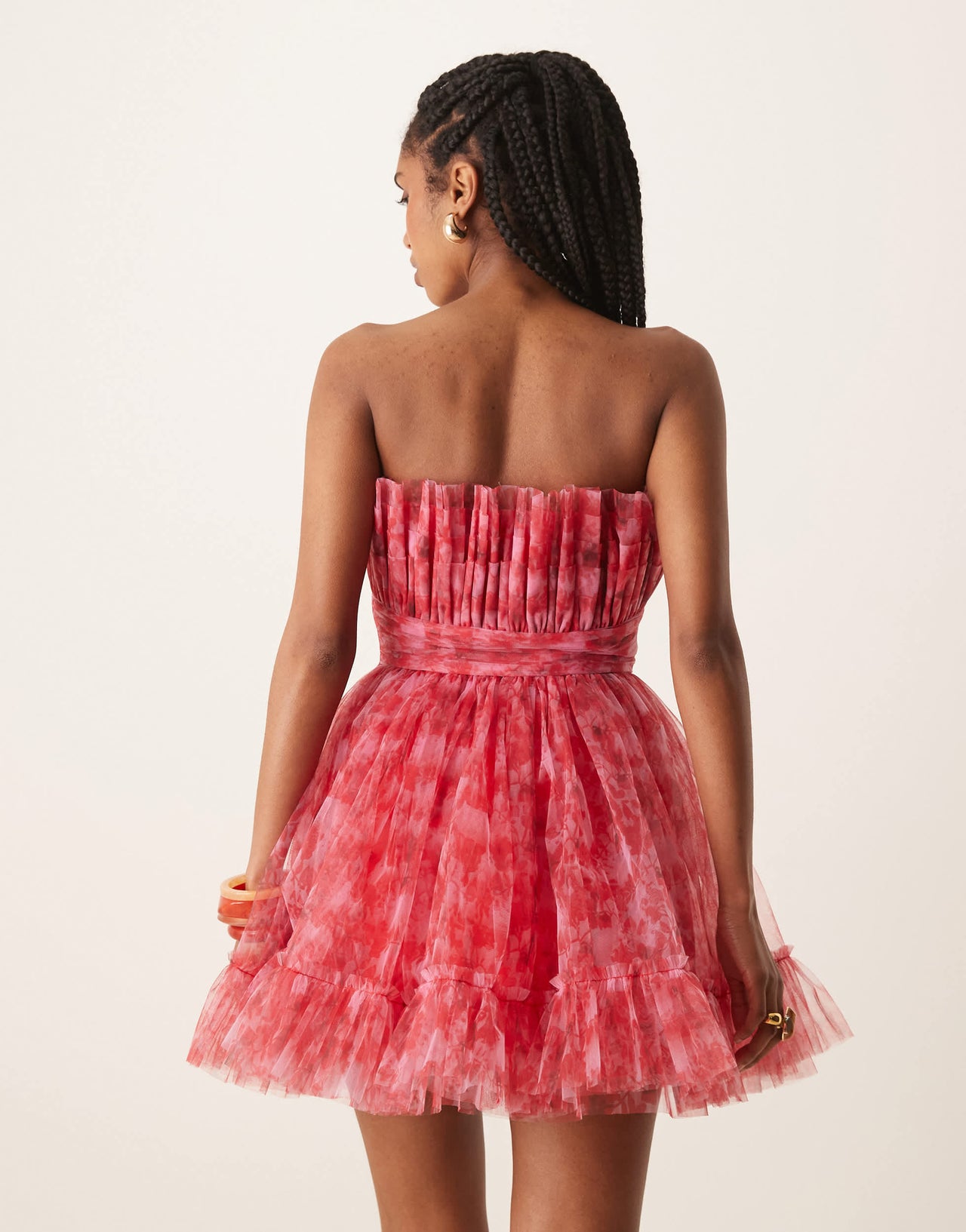 Lace & Beads bandeau structured tulle mini dress in red and pink floral