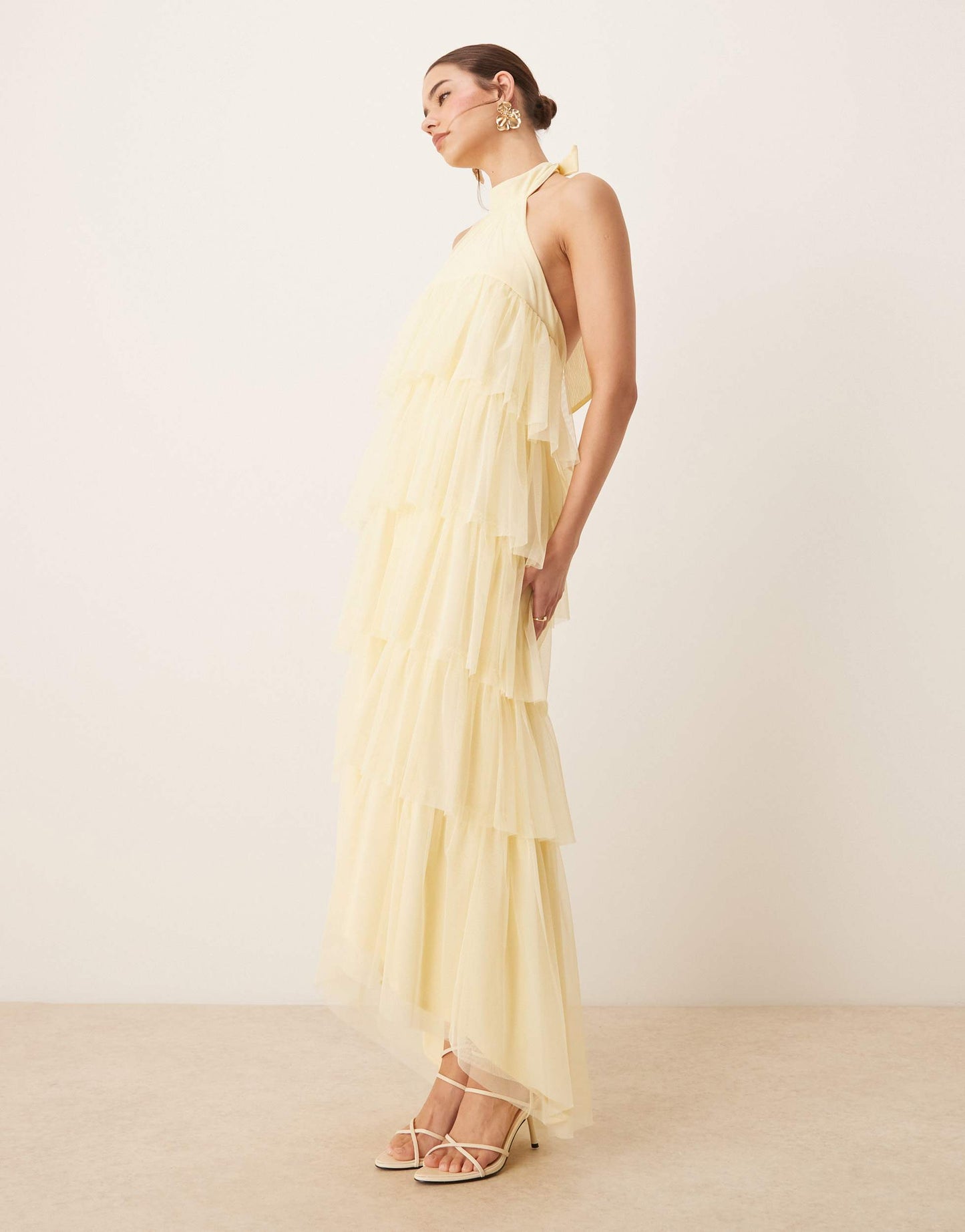 Lace & Beads backless tiered tulle maxi dress in lemon