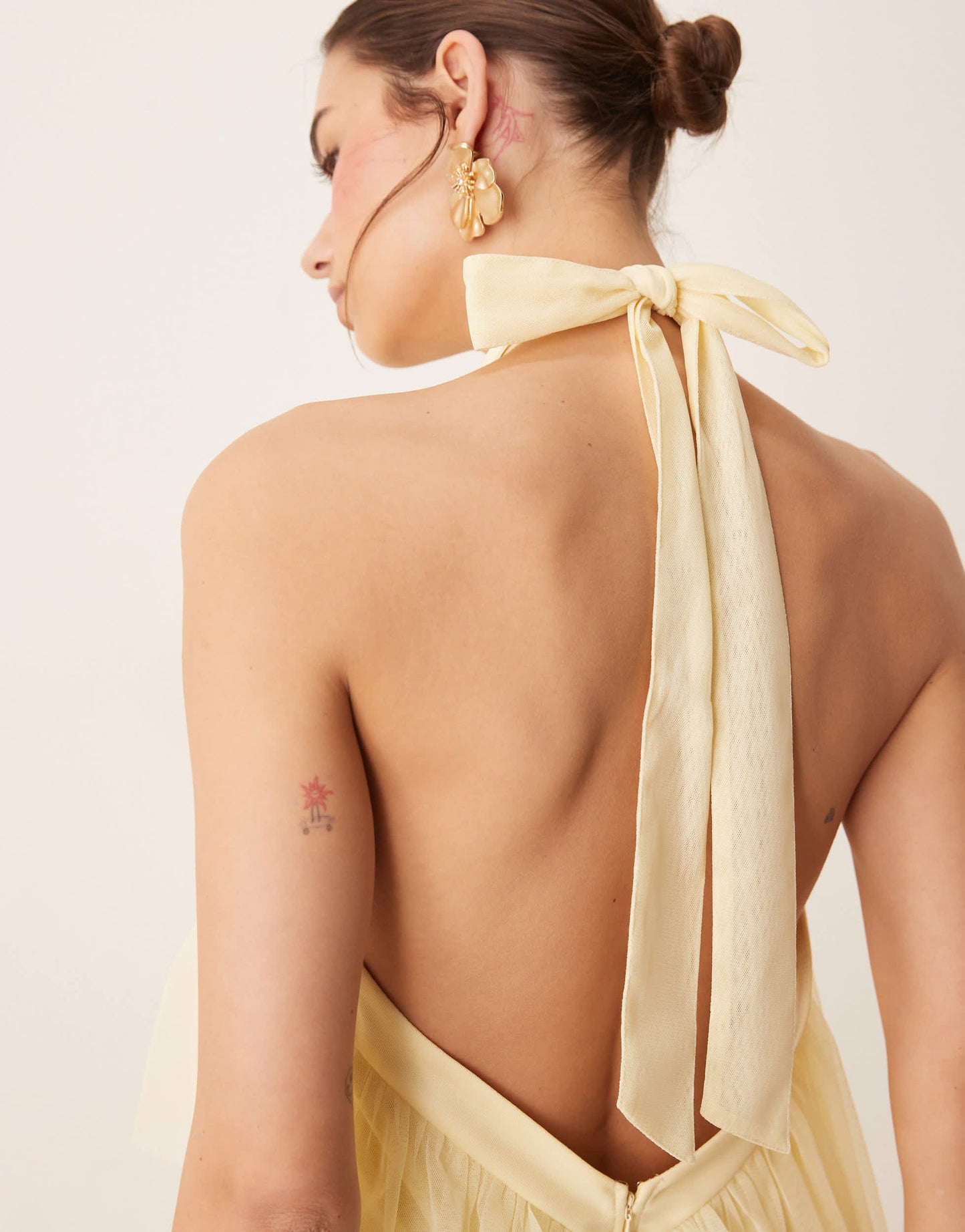 Lace & Beads backless tiered tulle maxi dress in lemon