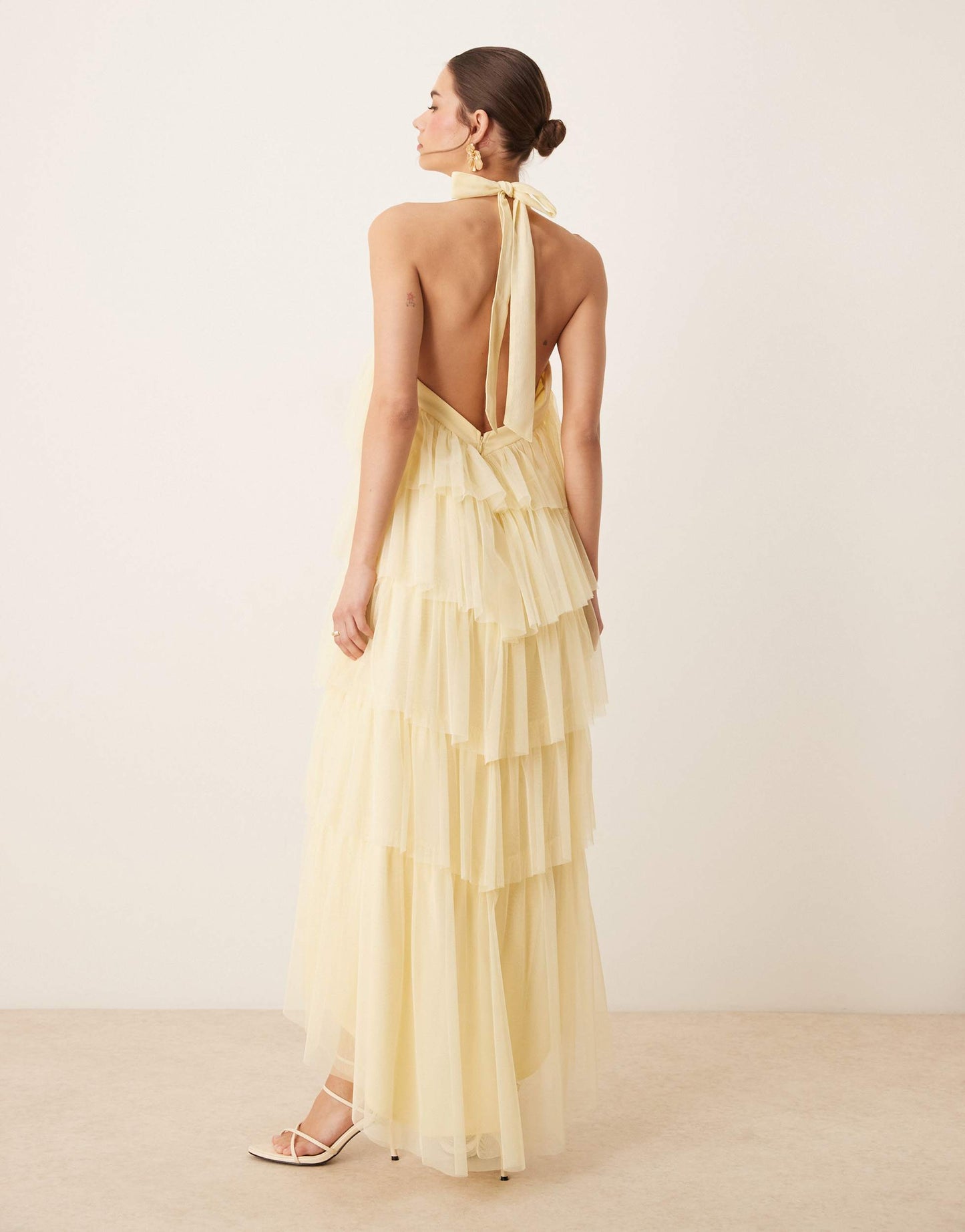 Lace & Beads backless tiered tulle maxi dress in lemon