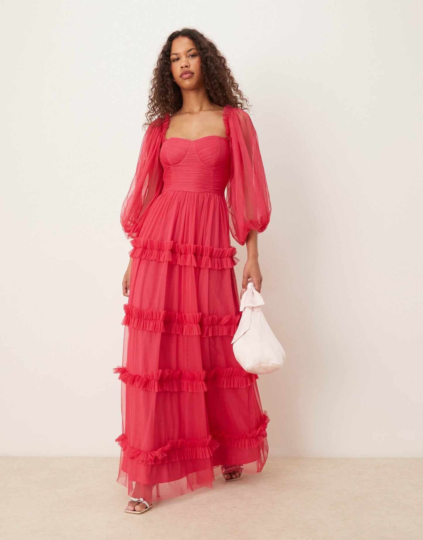 Lace & Beads corset balloon sleeve ruffle maxi dress in bright fuchsia