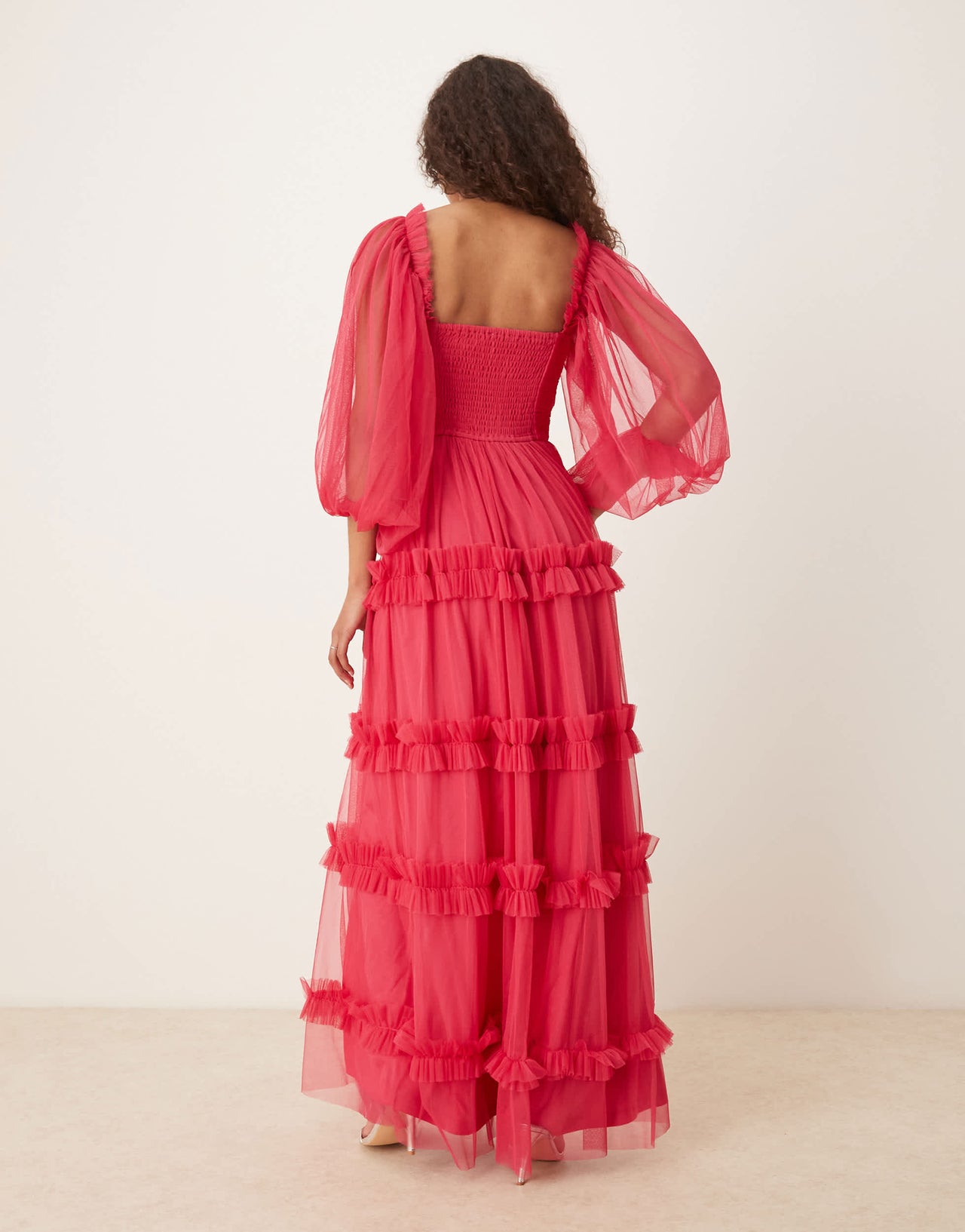 Lace & Beads corset balloon sleeve ruffle maxi dress in bright fuchsia