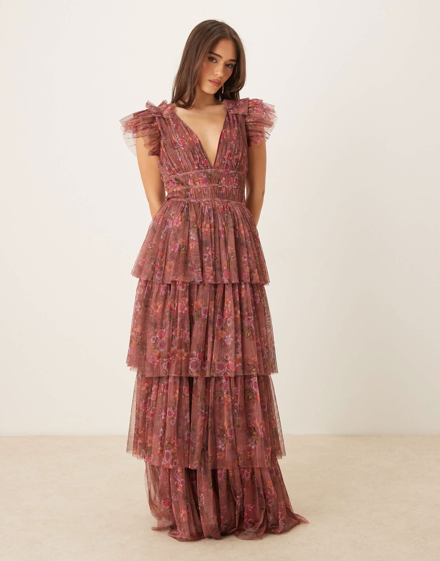 Lace & Beads ruffle shoulder tiered maxi dress in purple floral