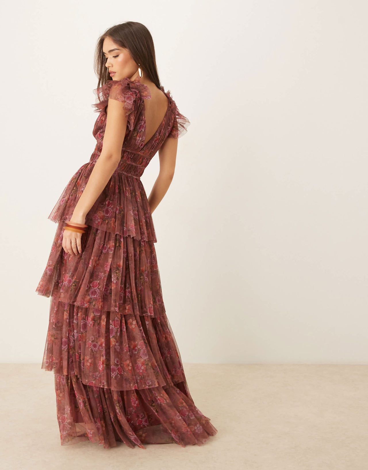 Lace & Beads ruffle shoulder tiered maxi dress in purple floral