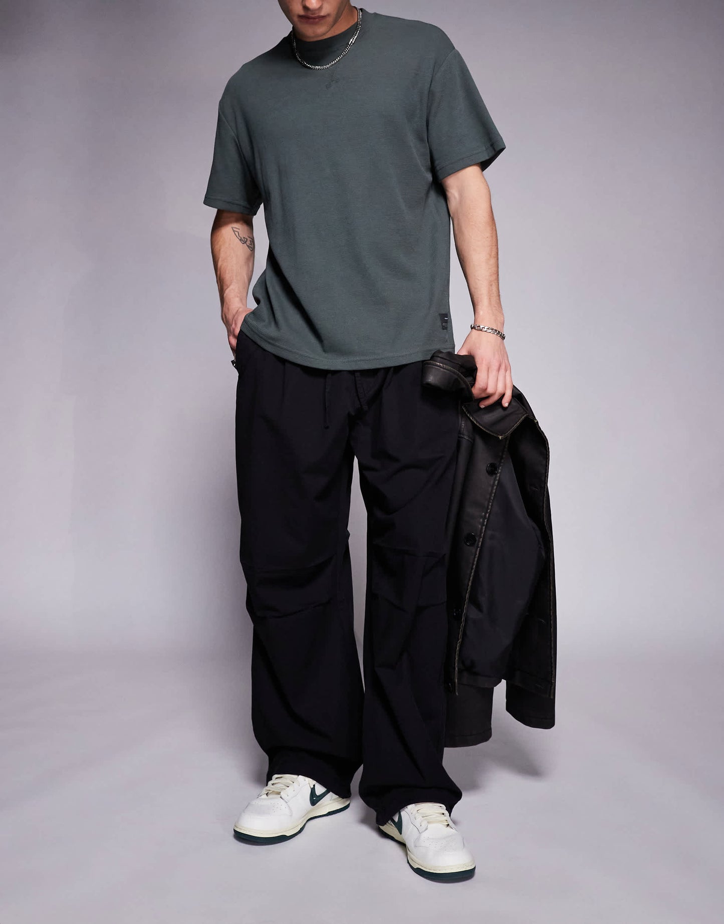 Bershka parachute baggy trouser in black