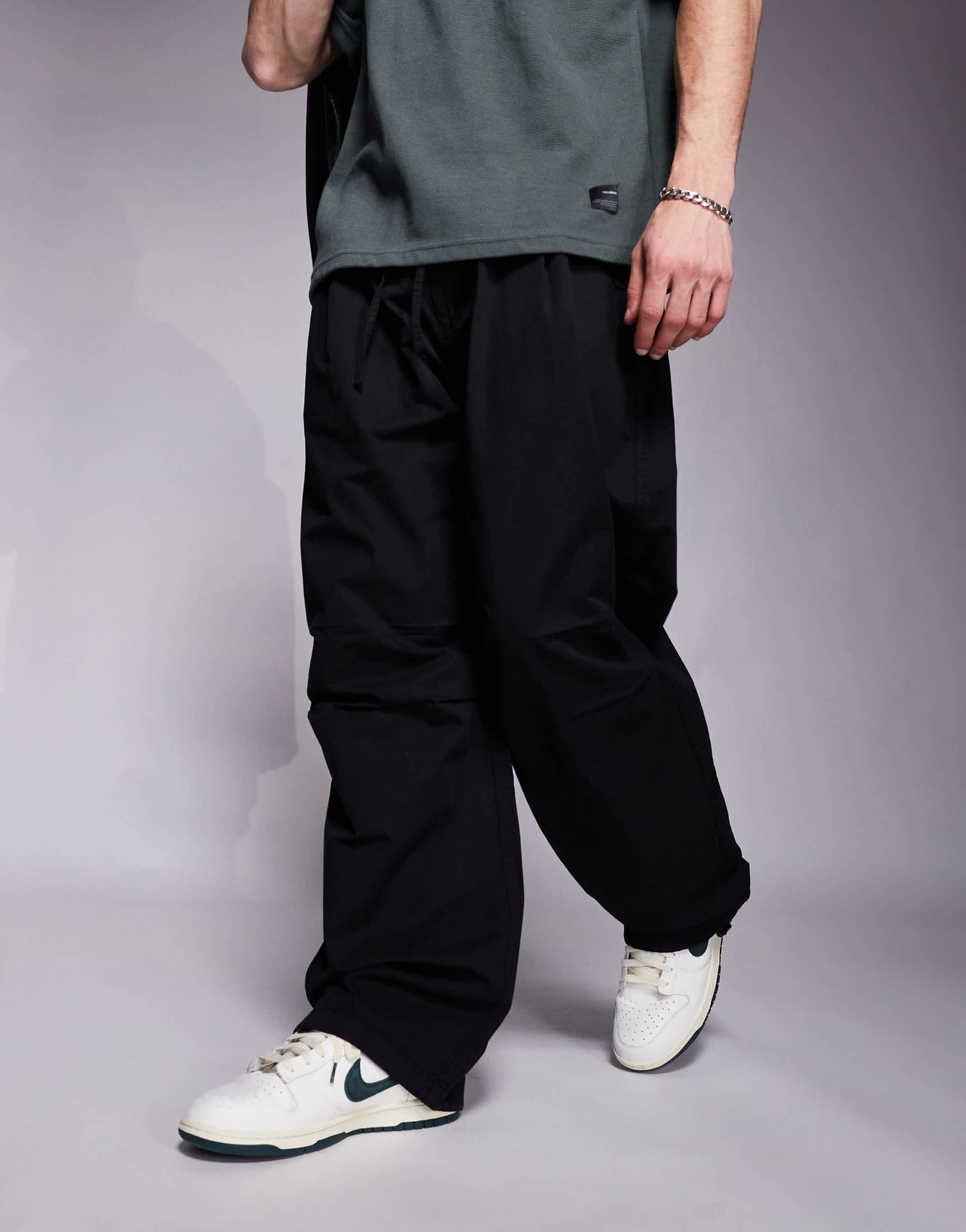 Bershka parachute baggy trouser in black