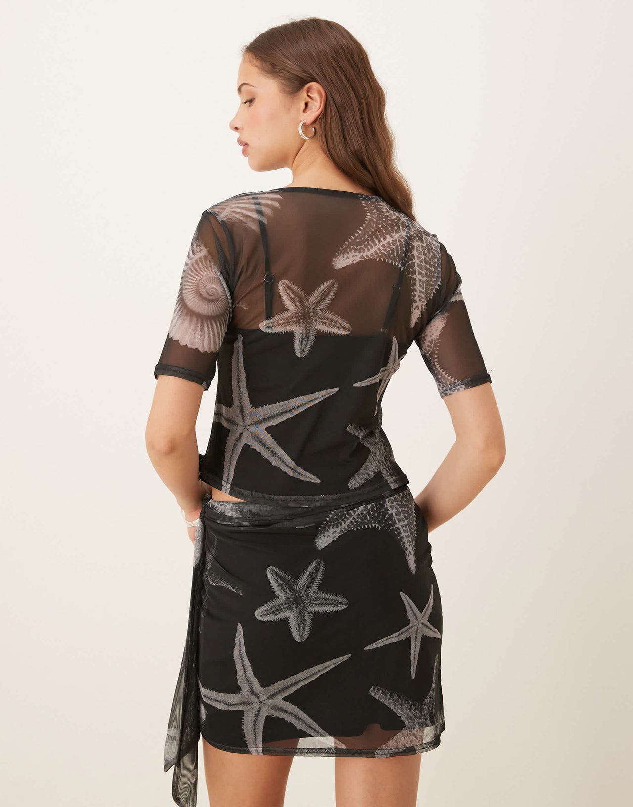 Never Fully Dressed seashell print mesh t-shirt co-ord in black