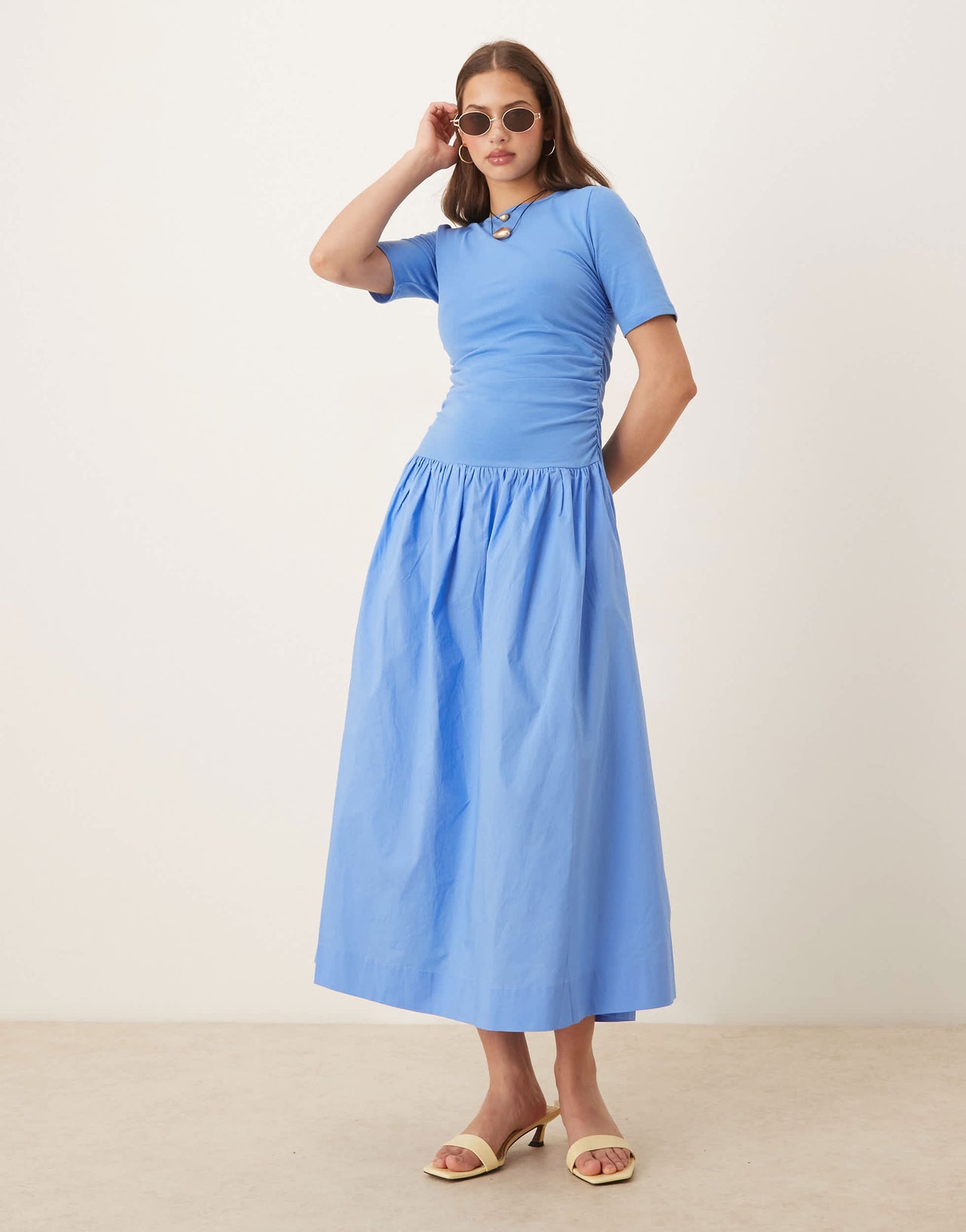 NeverFully Dressed cotton poplin drop hem maxi dress in cobalt