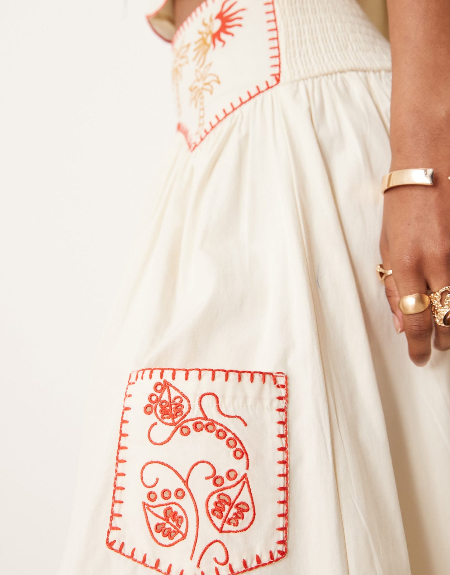 Never Fully Dressed embroidered cotton midaxi skirt co-ord in cream and red