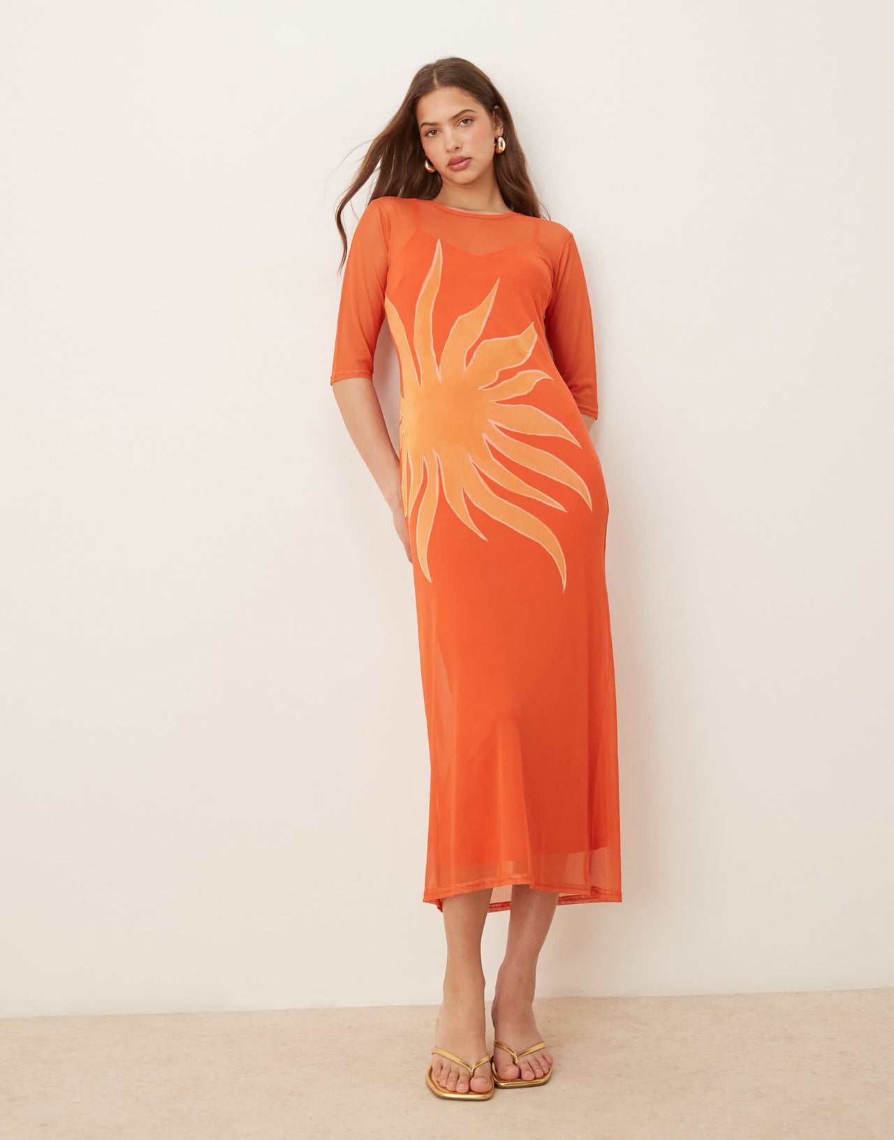 Never Fully Dressed sunburst mesh midaxi dress in orange