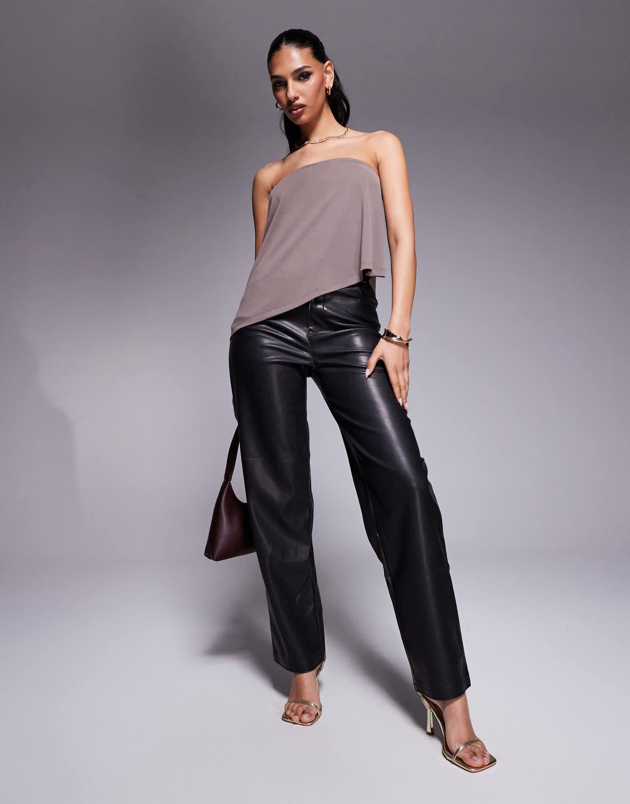 ASOS DESIGN floaty asymmetric cupro bandeau longline top in brown