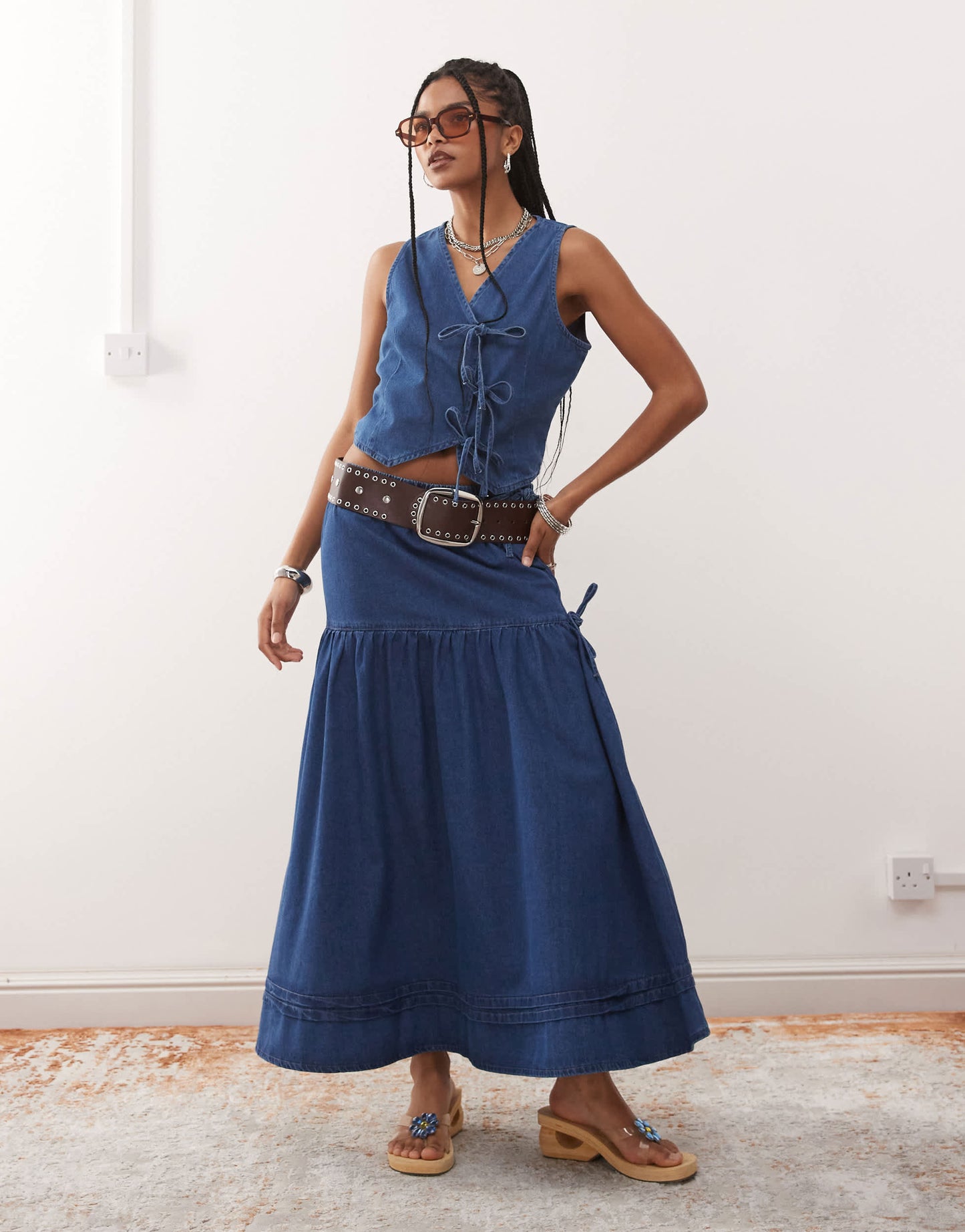 Reclaimed Vintage denim prairie skirt co-ord with bow detail