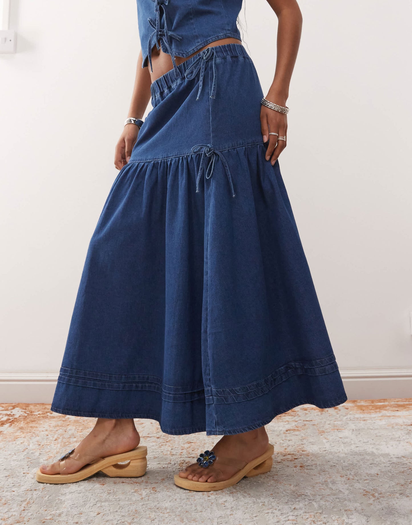 Reclaimed Vintage denim prairie skirt co-ord with bow detail