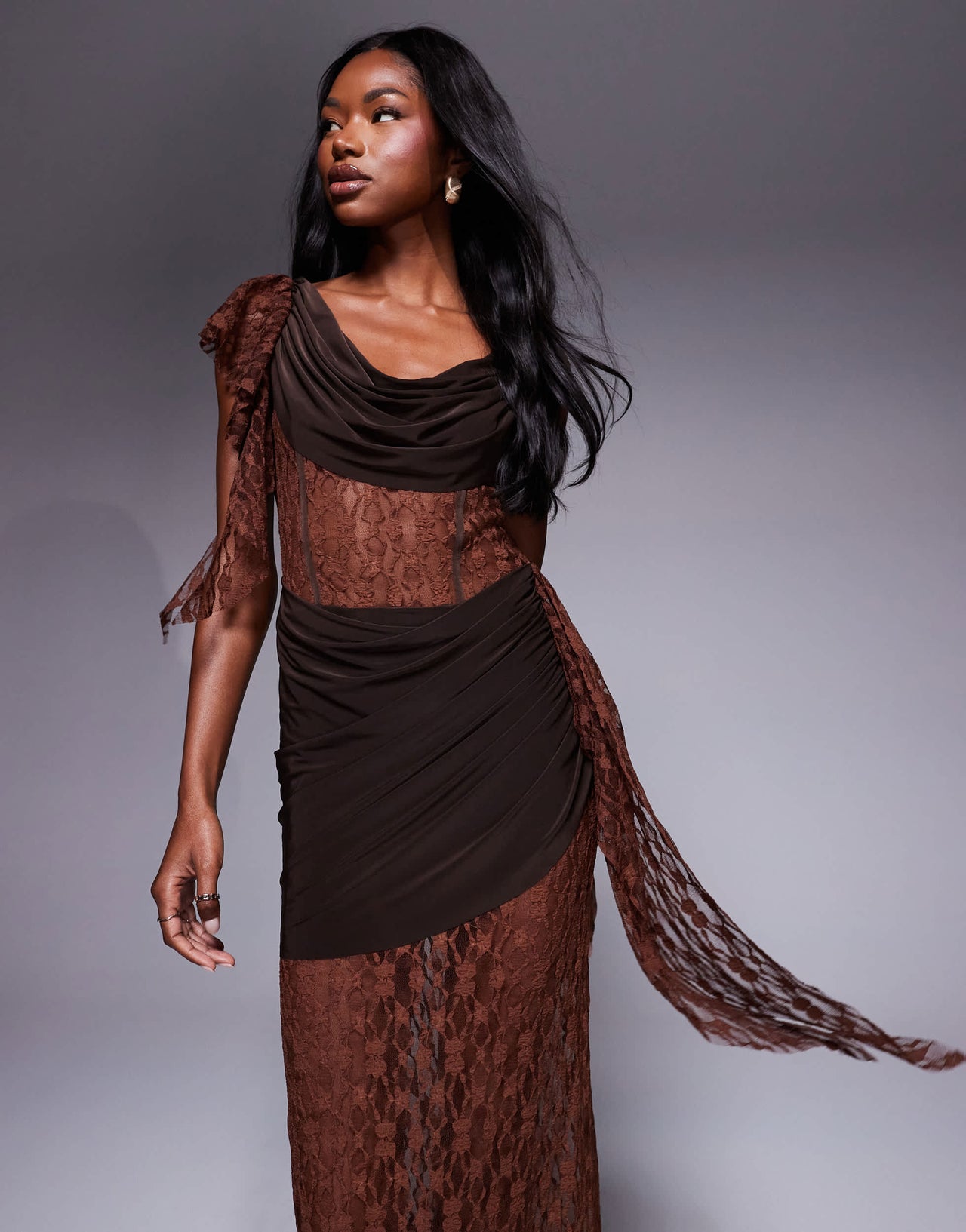 ASOS DESIGN cowl draped maxi dress with sheer and solid lace layering in chocolate