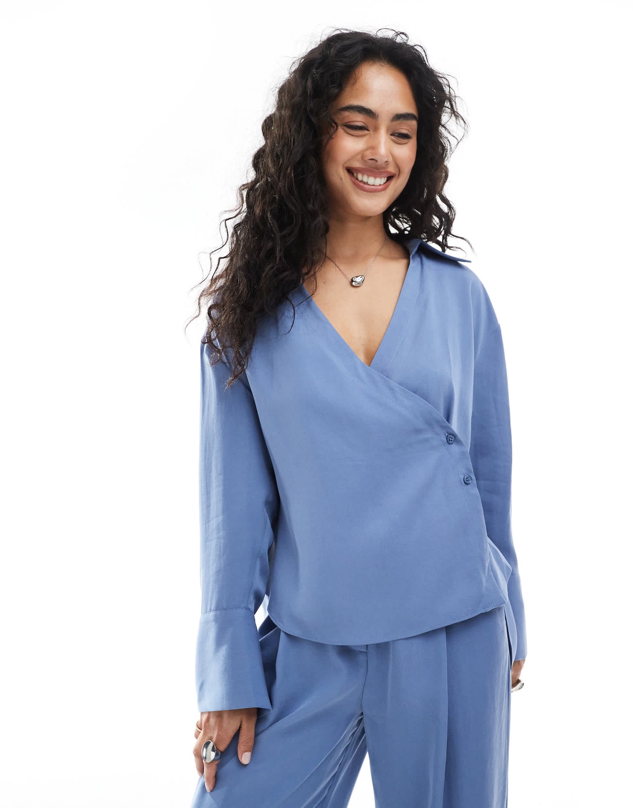 ASOS DESIGN lyocell wrap tie detail shirt in blue co ord