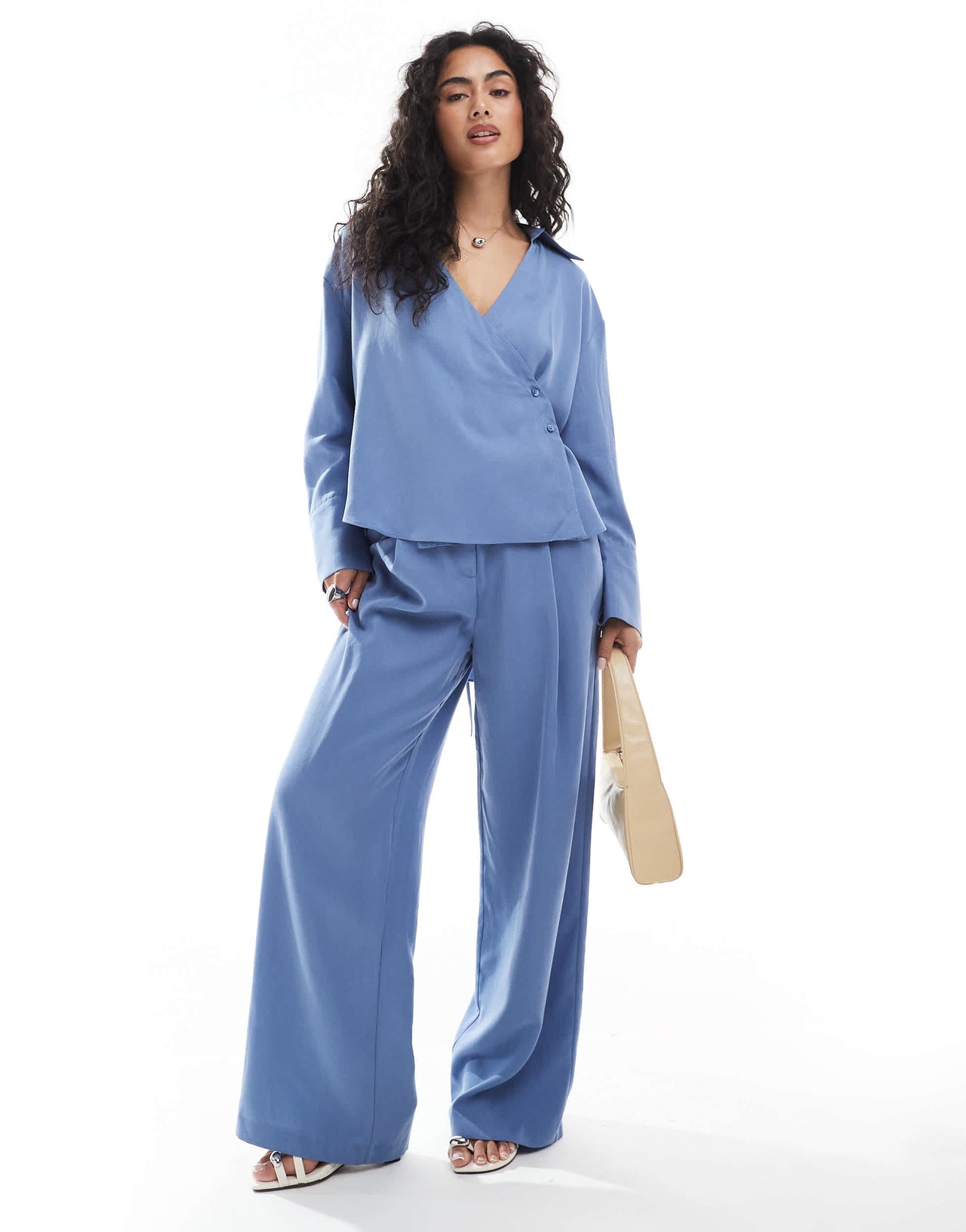 ASOS DESIGN lyocell wrap tie detail shirt in blue co ord