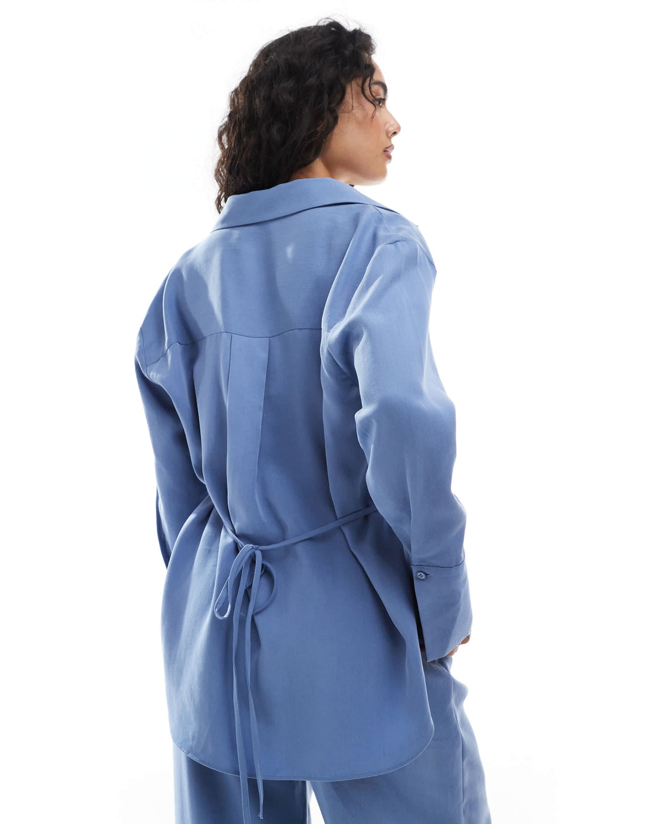 ASOS DESIGN lyocell wrap tie detail shirt in blue co ord