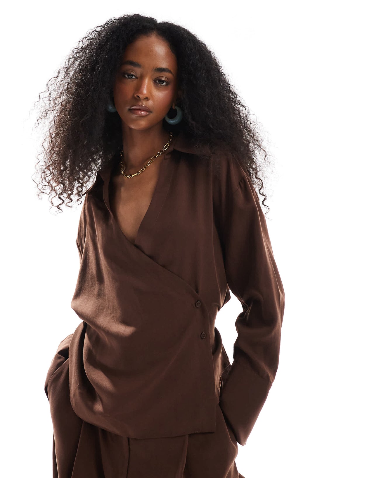 ASOS DESIGN lyocell wrap tie detail shirt in chocolate co ord