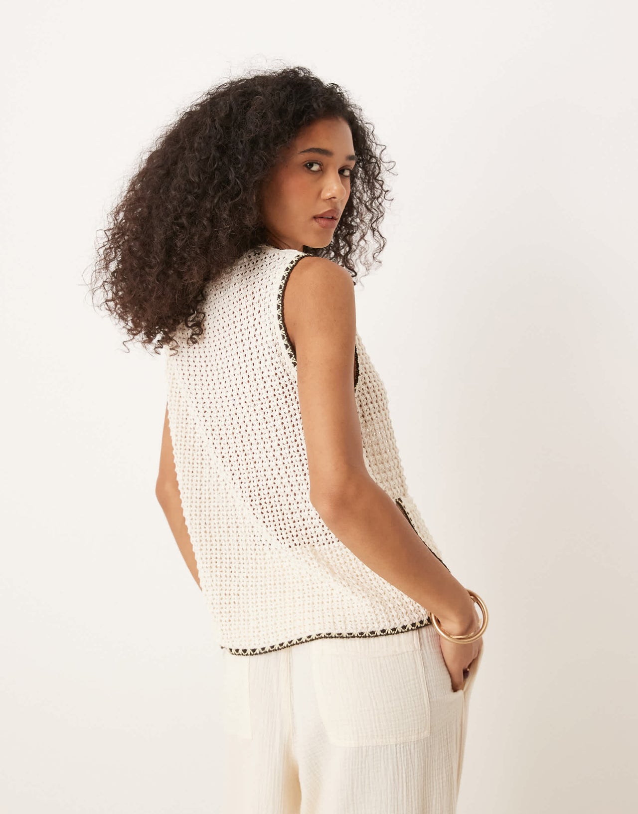 ASOS DESIGN knitted tank with patch pockets and blanket stitch in ecru