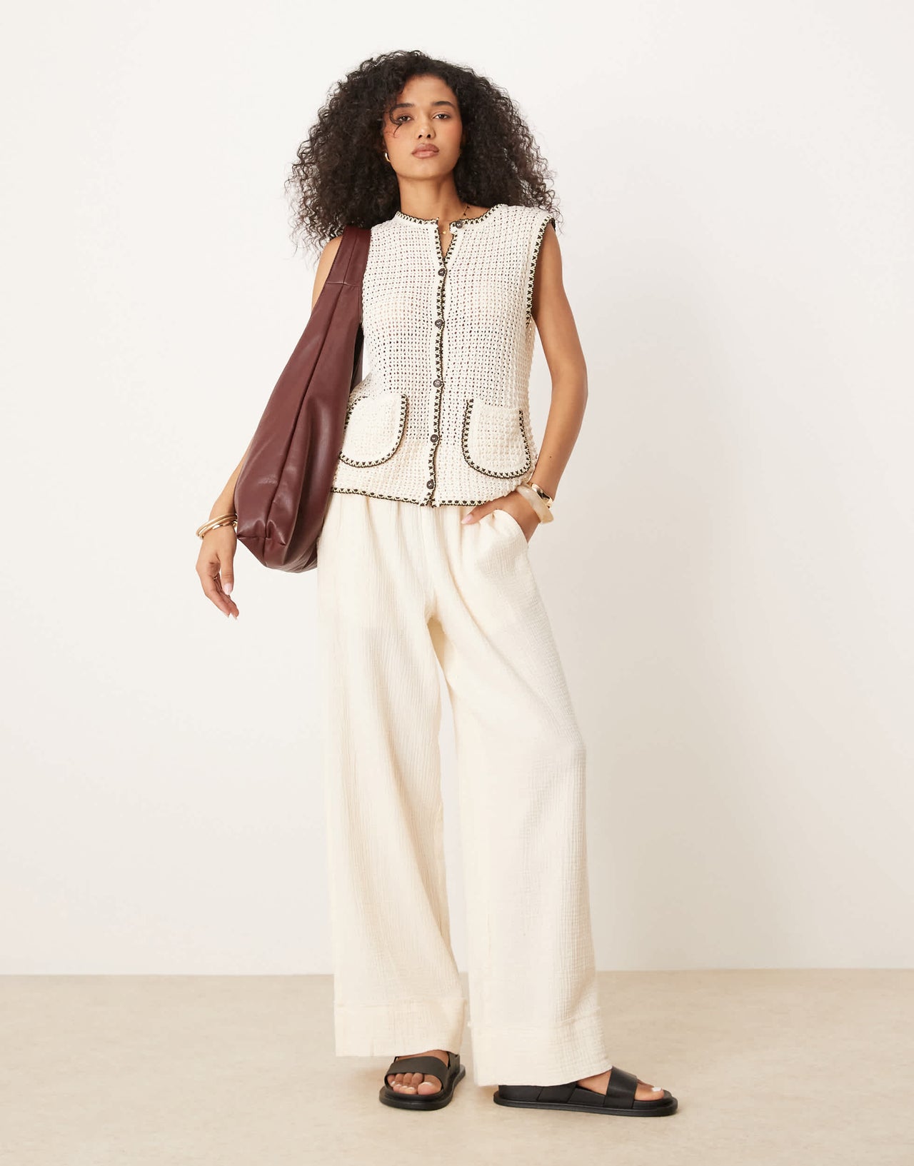 ASOS DESIGN knitted tank with patch pockets and blanket stitch in ecru