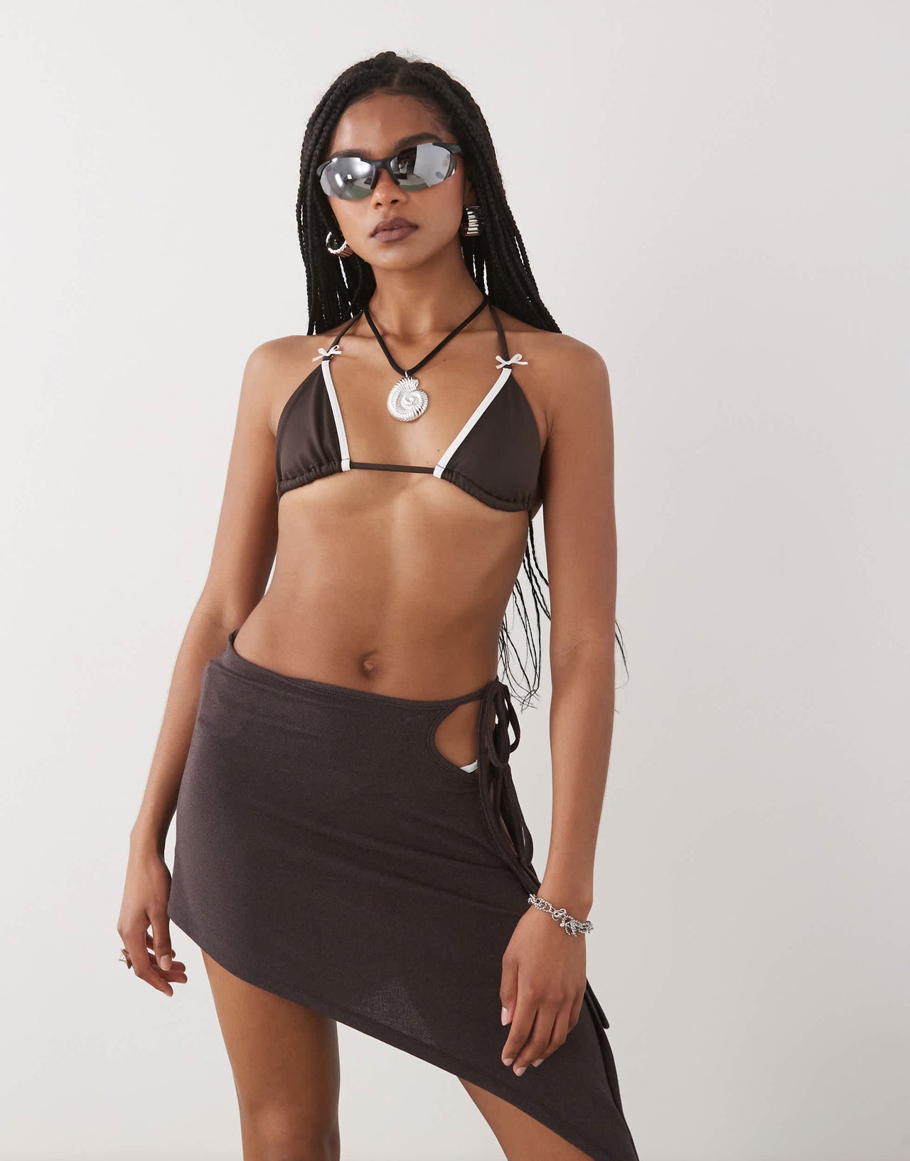 Lioness Moss tie side asymmetric beach skirt co-ord in brown