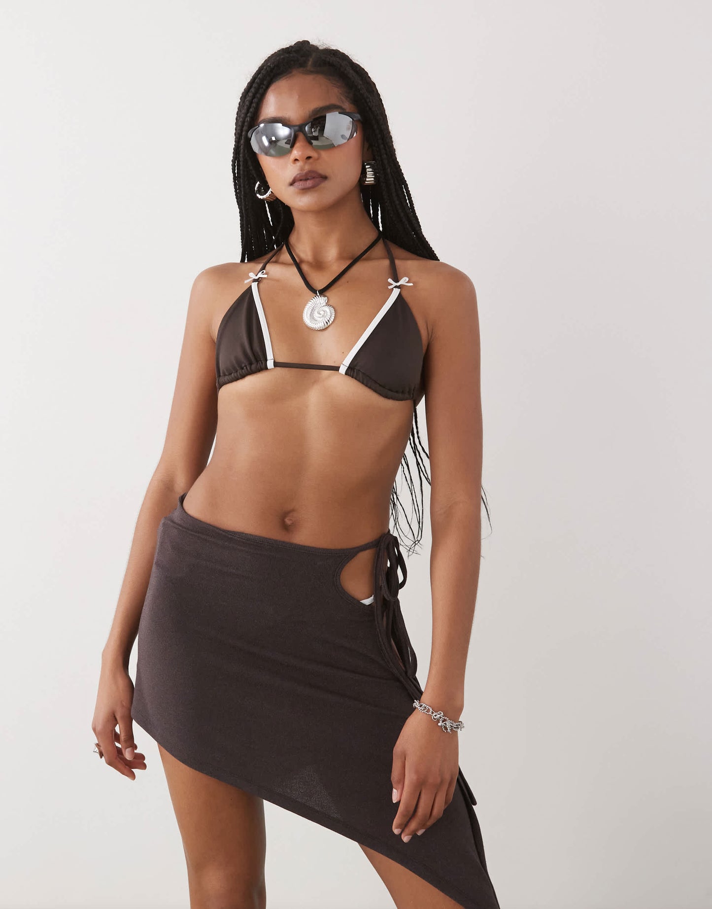 Lioness Moss tie side asymmetric beach skirt co-ord in brown