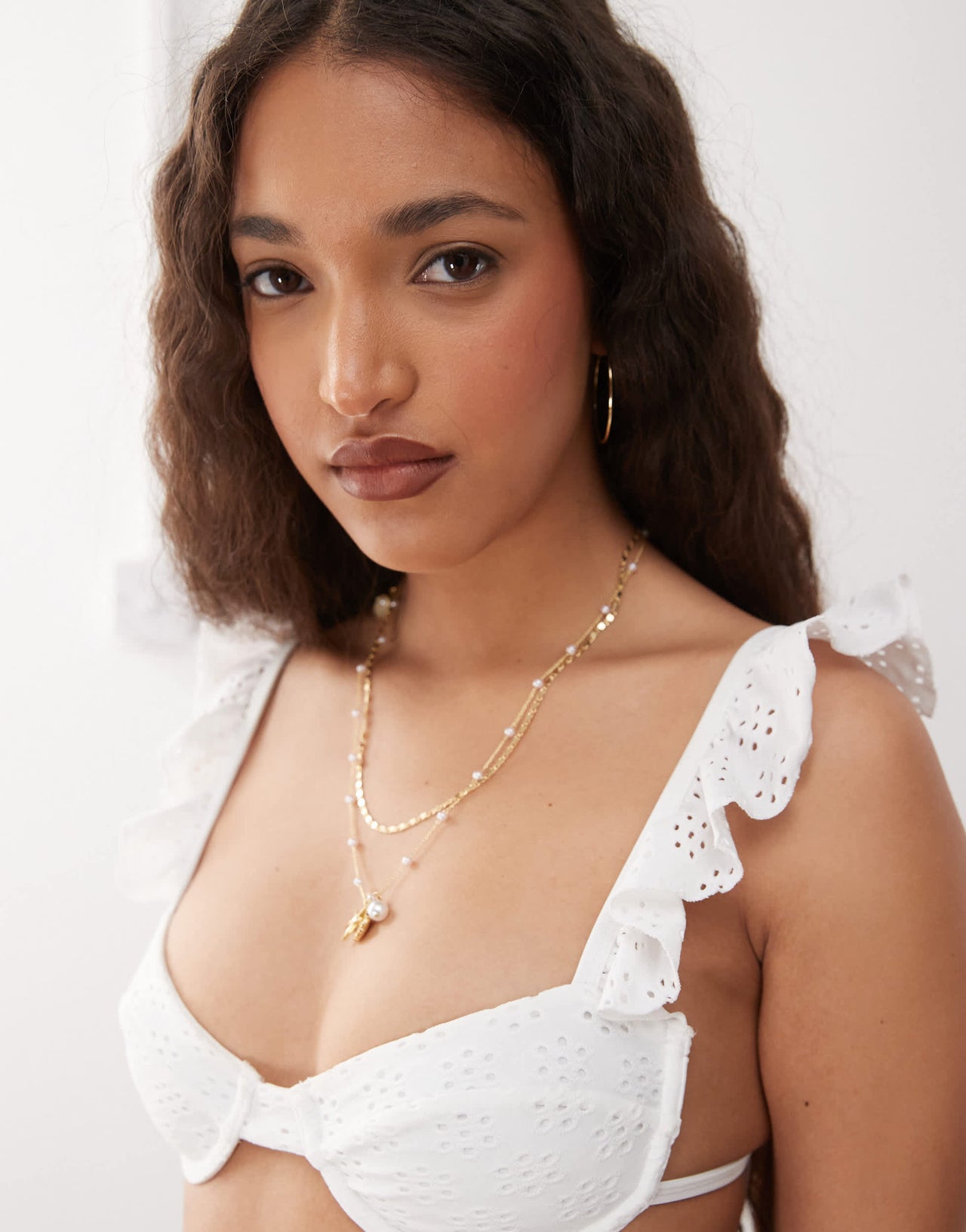 Lioness Daydream broderie ruffle strap underwire bikini top co-ord in white