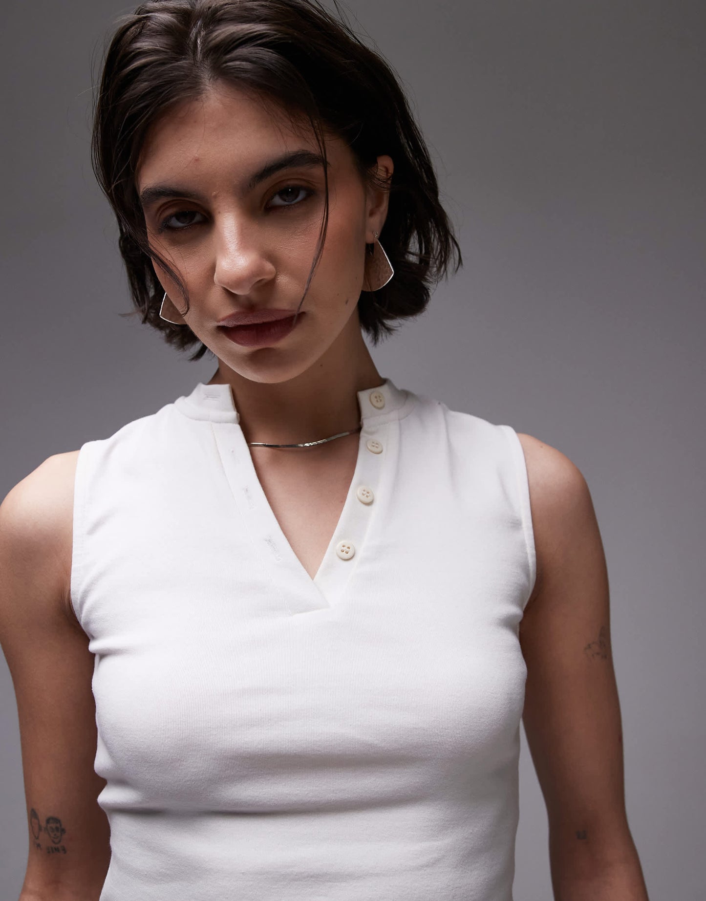Topshop v neck tank top with buttons in ecru