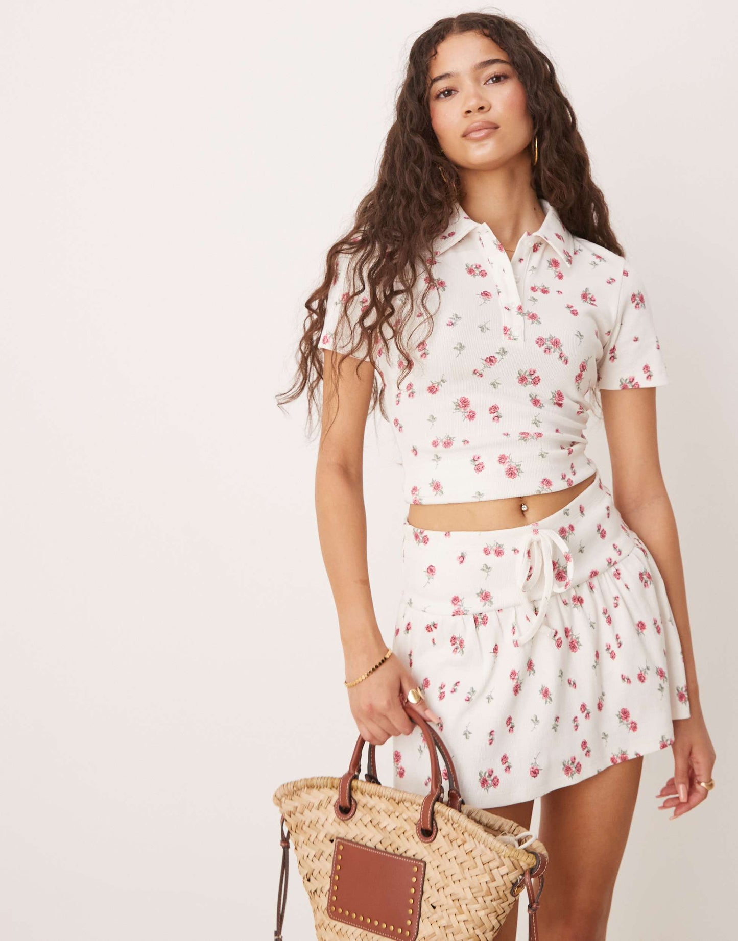 ASOS DESIGN button polo tee co-ord in ditsy floral