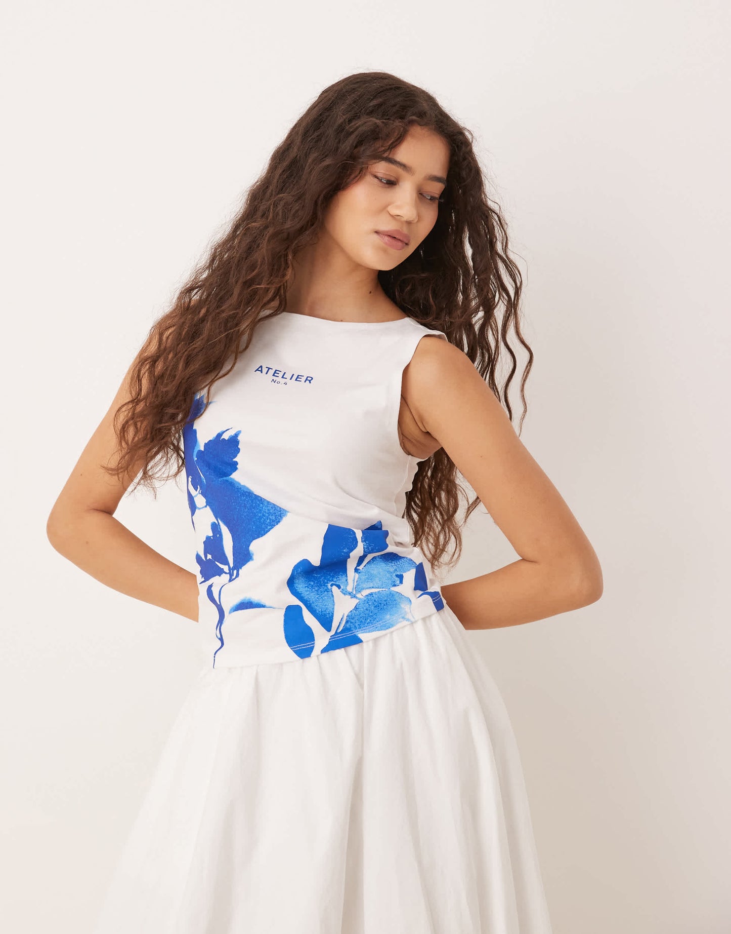 ASOS DESIGN boat neck tank with photographic floral in white