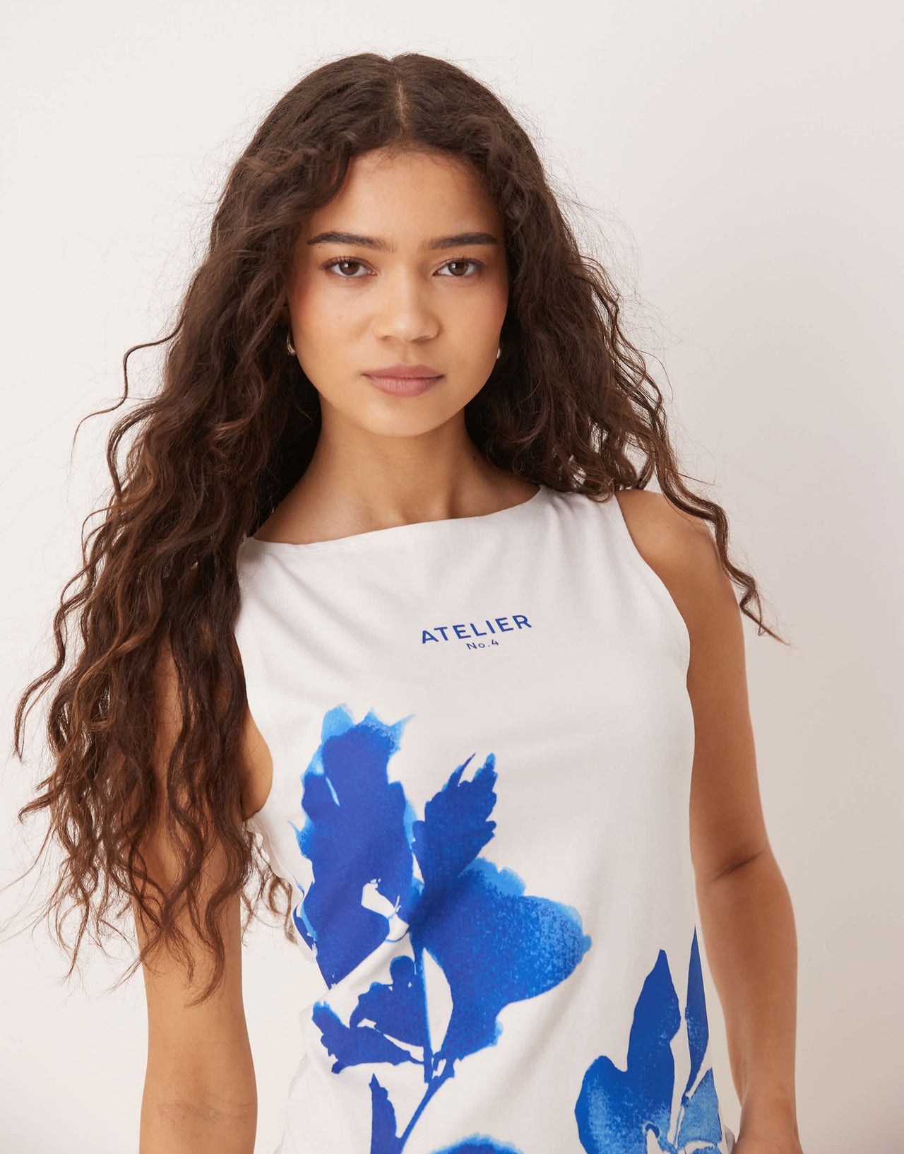 ASOS DESIGN boat neck tank with photographic floral in white