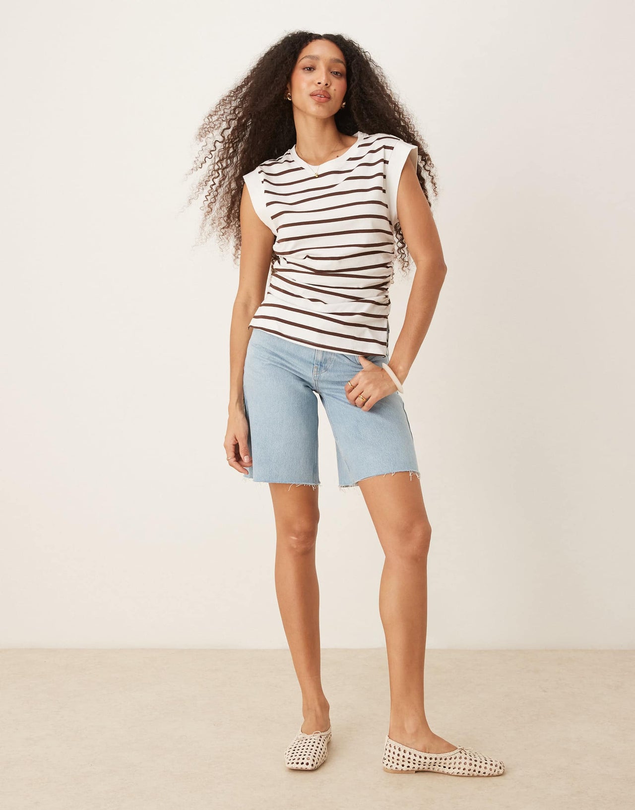ASOS DESIGN corset waist sharp shoulder  tank top in brown and cream stripe