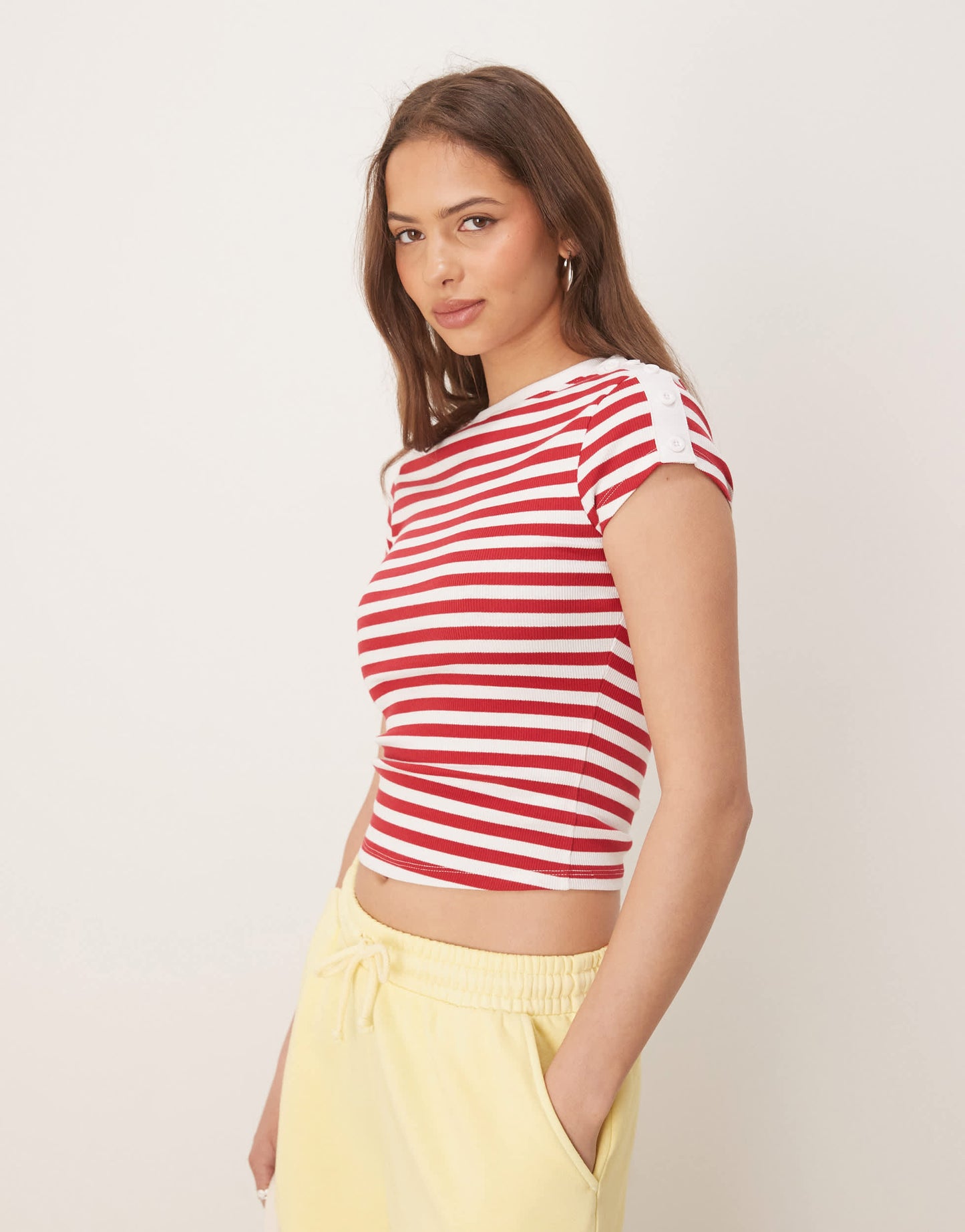 ASOS DESIGN rib baby tee with button detail in red and cream stripe