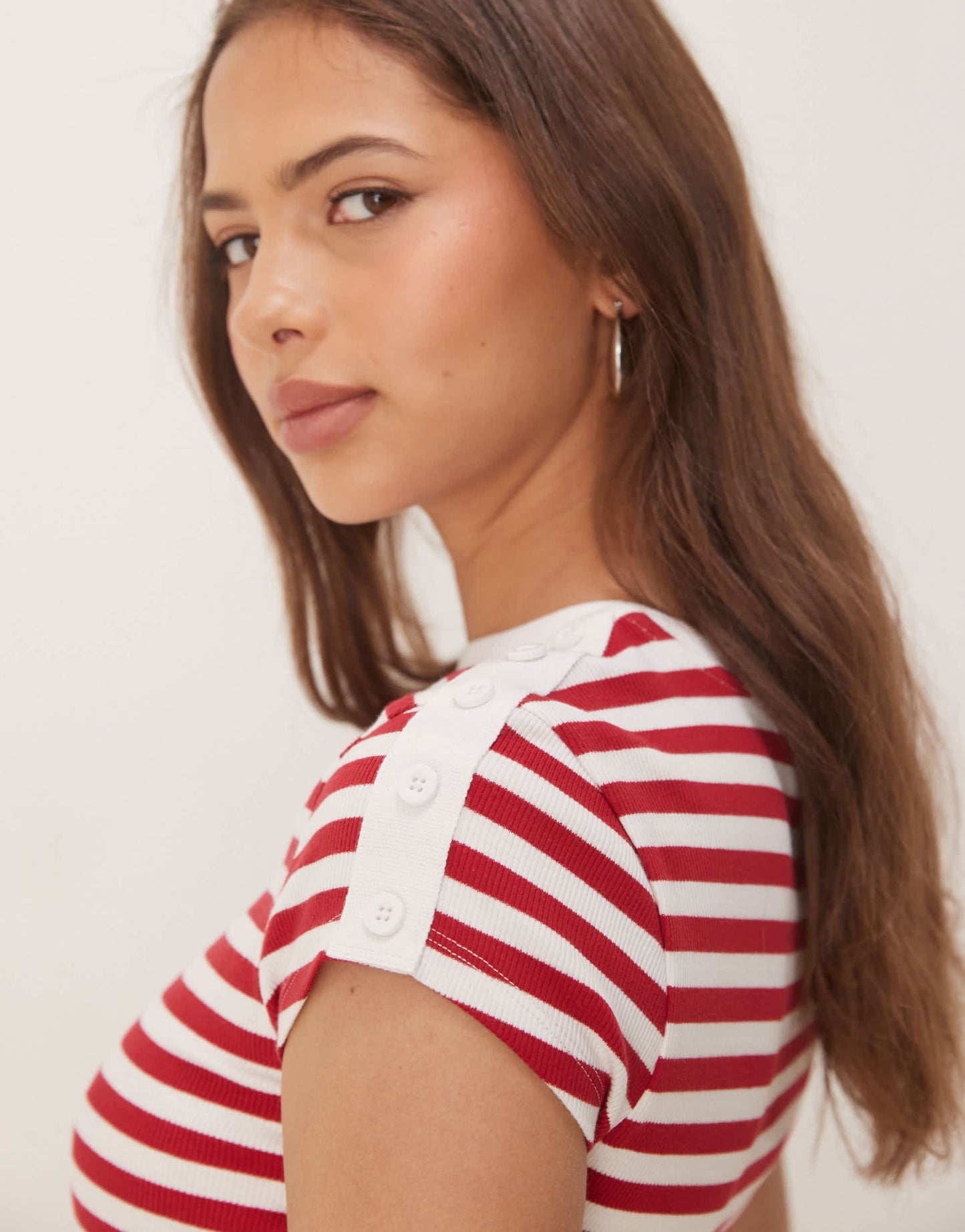 ASOS DESIGN rib baby tee with button detail in red and cream stripe