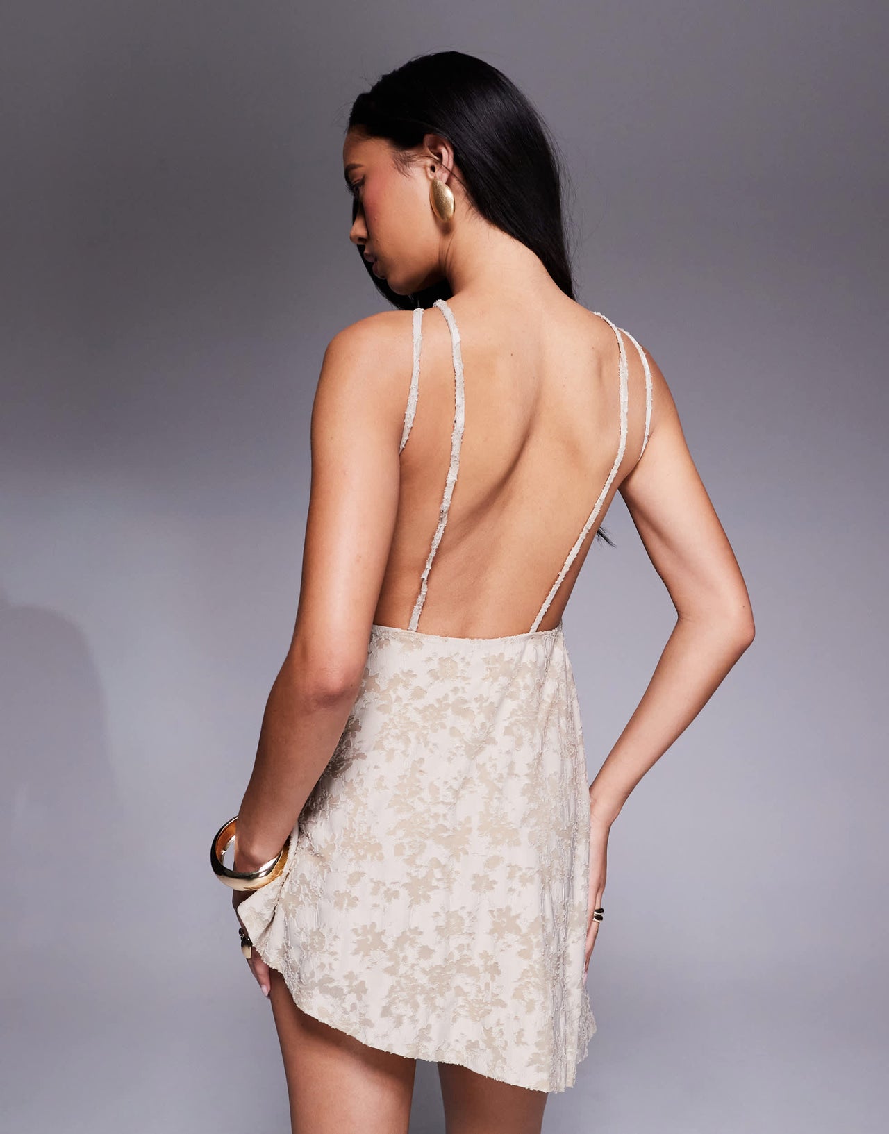 ASOS DESIGN devore halter mini dress with drape detail in stone