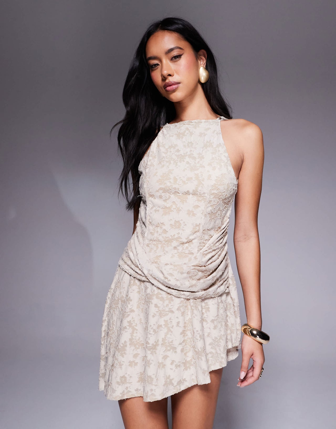 ASOS DESIGN devore halter mini dress with drape detail in stone