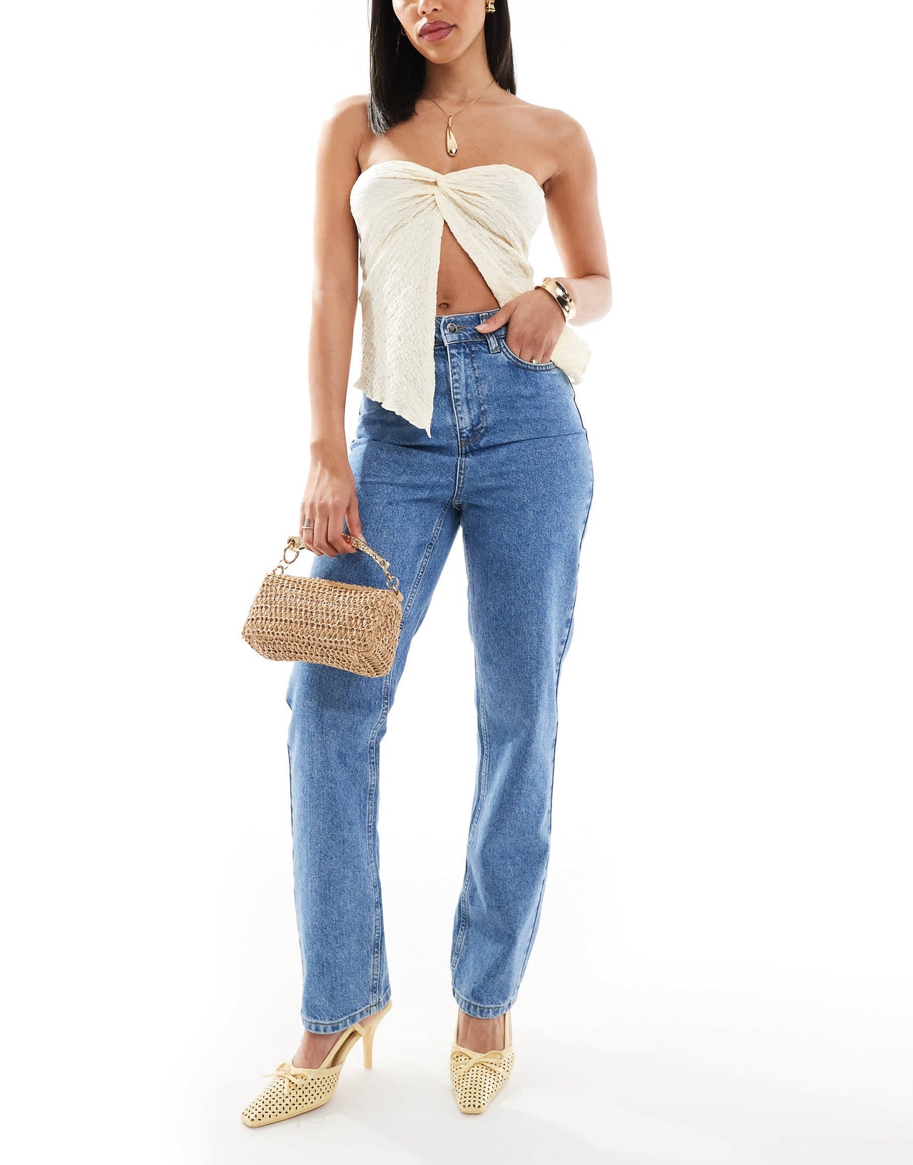 Miss Selfridge elasticated waist straight leg jeans in mid wash