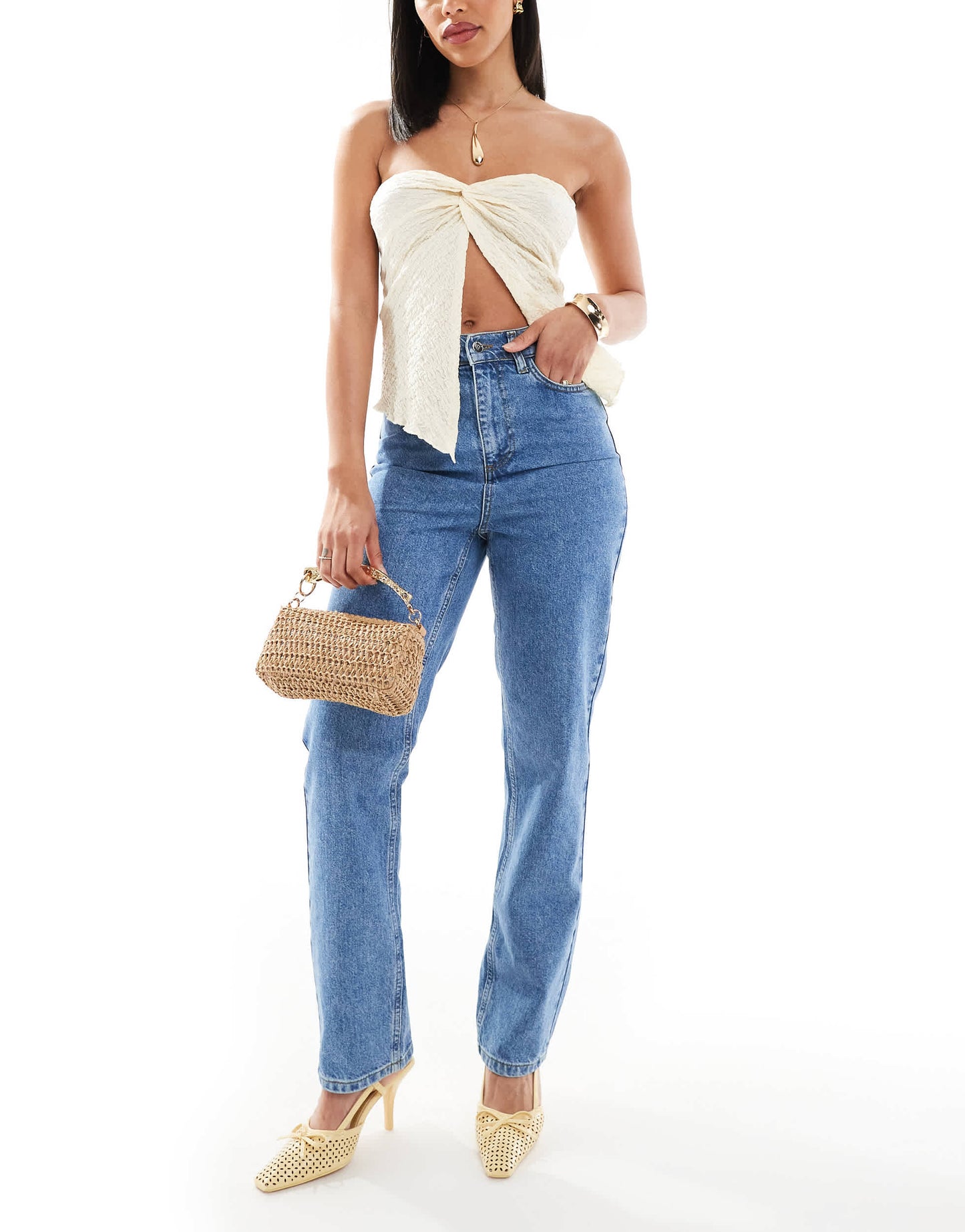 Miss Selfridge elasticated waist straight leg jeans in mid wash