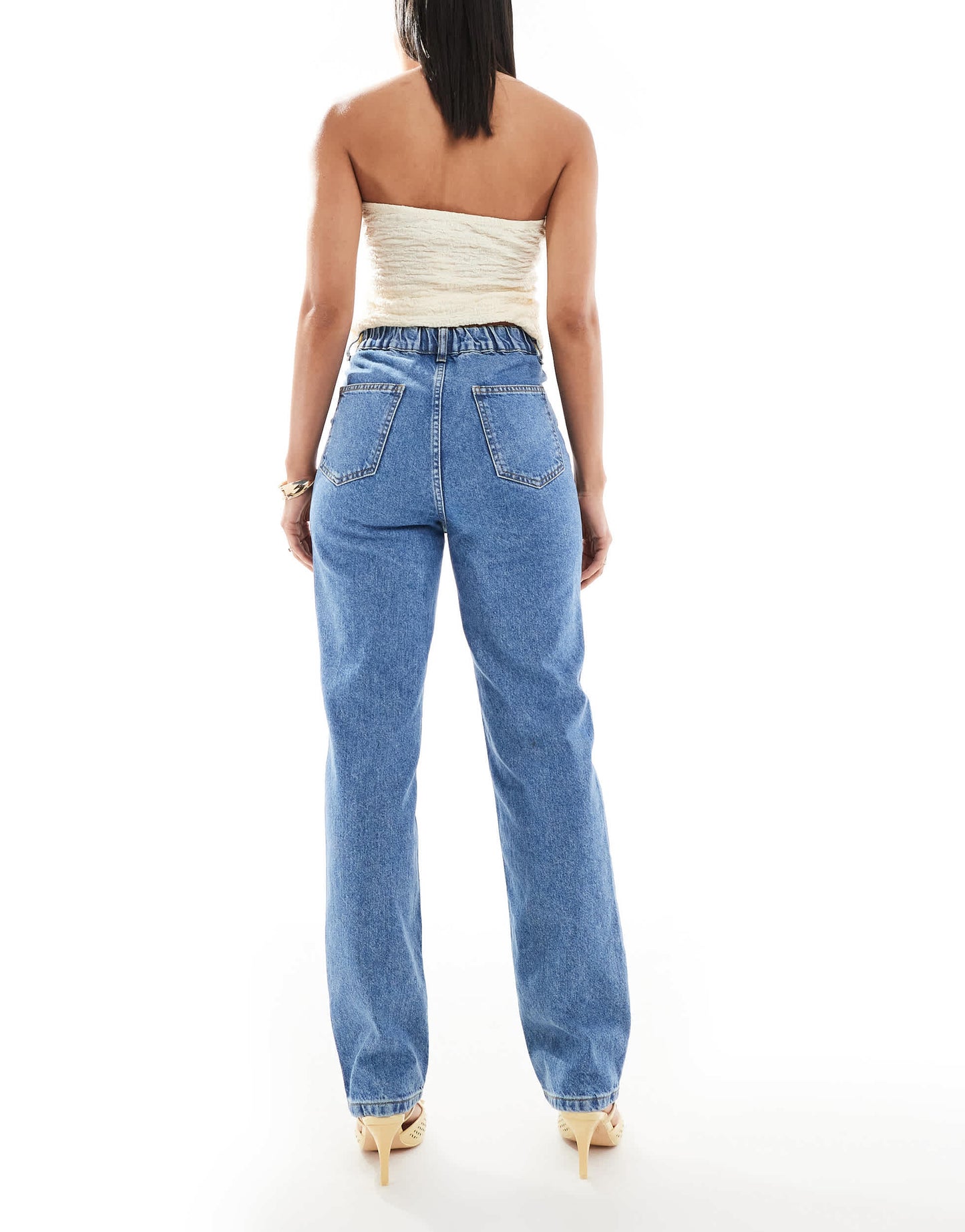 Miss Selfridge elasticated waist straight leg jeans in mid wash